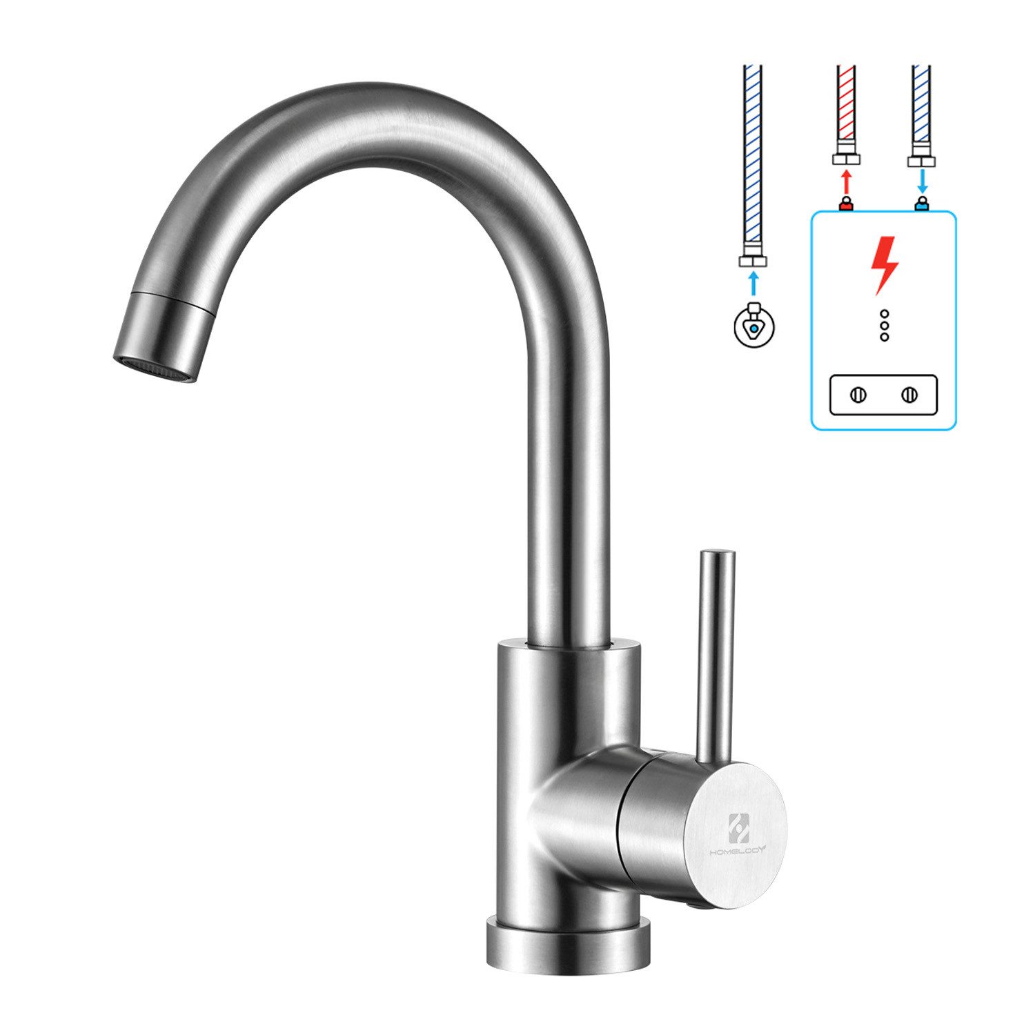 HOMELIVE Küchenarmatur Niederdruck-Küchenarmatur 360° drehbare Küchenarmatur (Badarmatur Küchenwasserhahn aus Edelstahl) Spültischarmatur für Kaltwasser und Spüle Boiler, Gebürstet