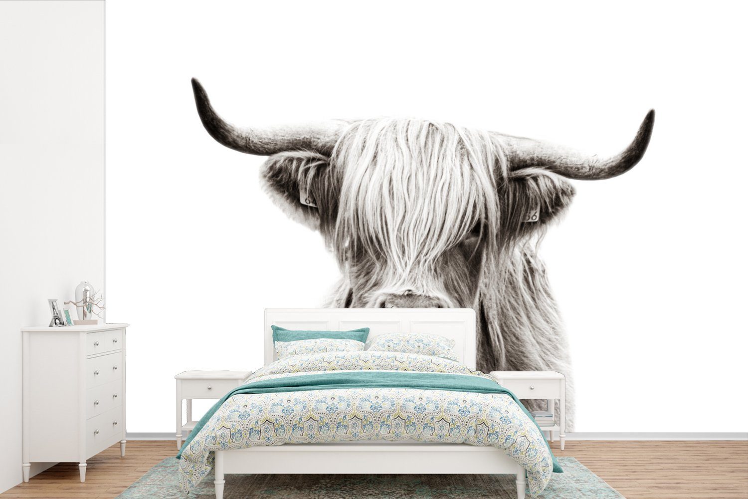 MuchoWow Fototapete Schottischer Highlander - Kuh - Schwarz - Weiß, Matt, bedruckt, (6 St), Wallpaper für Wohnzimmer, Schlafzimmer, Kinderzimmer, Vinyl Tapete | Fototapeten