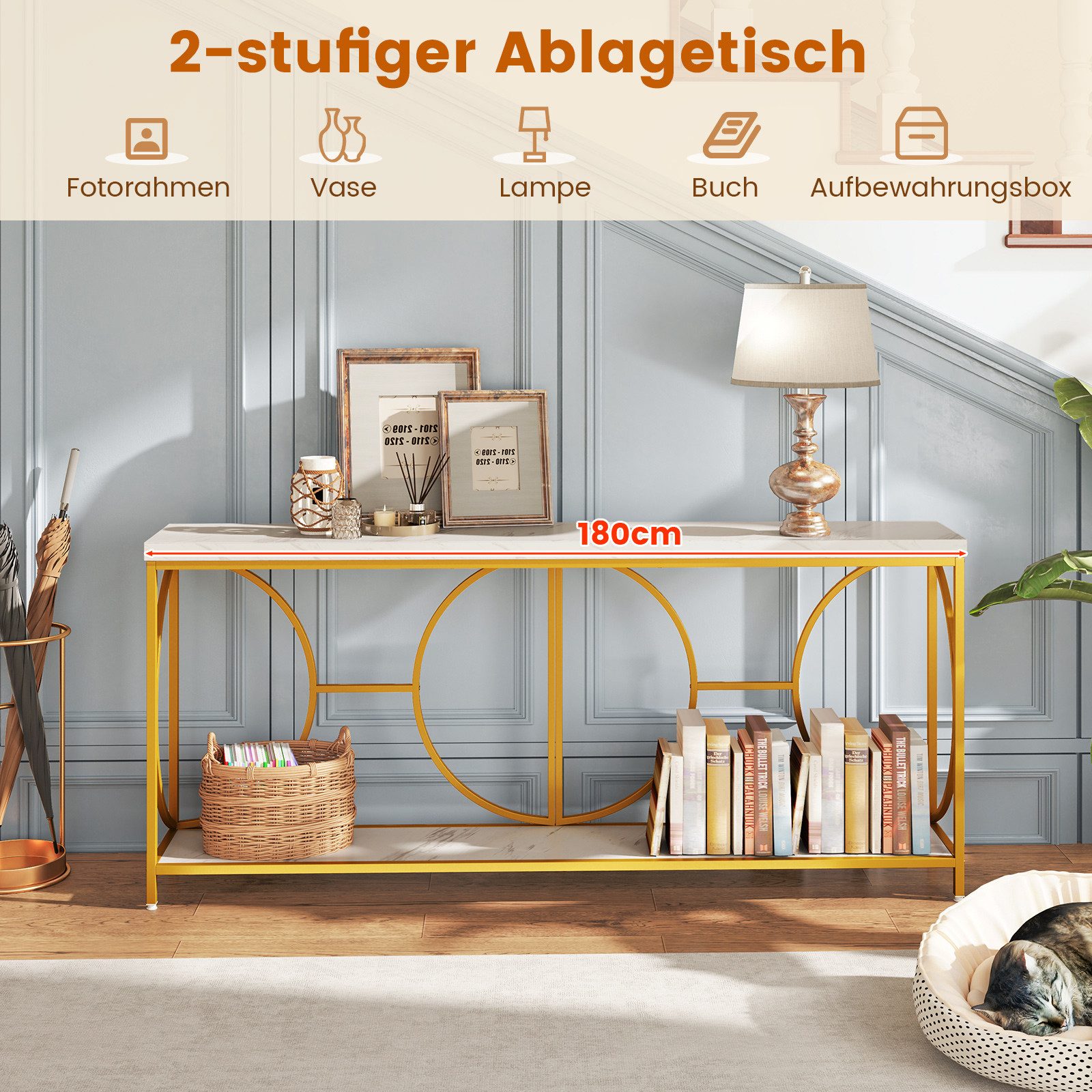COSTWAY Konsolentisch, schmal Marmor, mit geometrischem Metallrahmen, gold