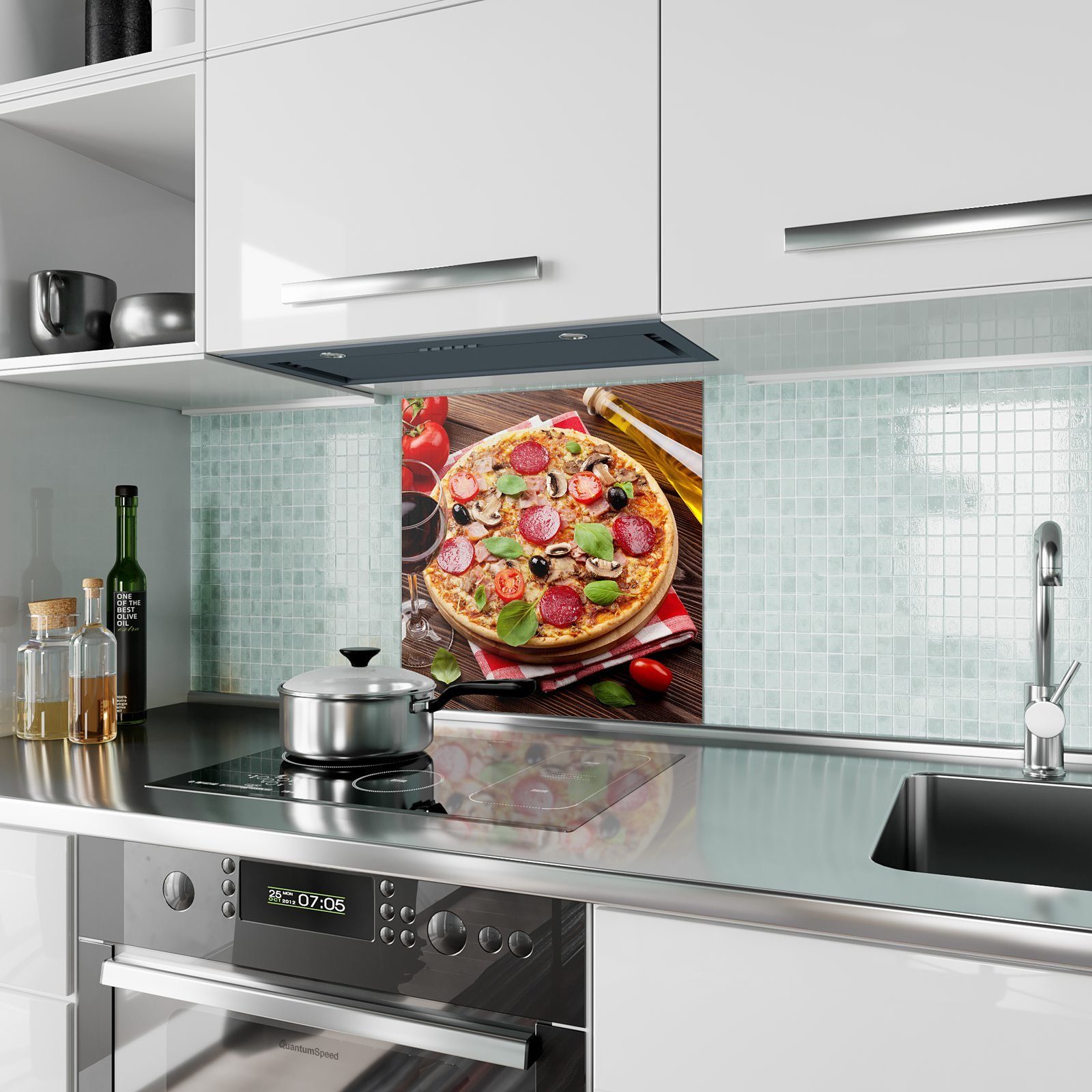 Primedeco Küchenrückwand Küchenrückwand Spritzschutz Glas Olivenöl mit Motiv und Pizza