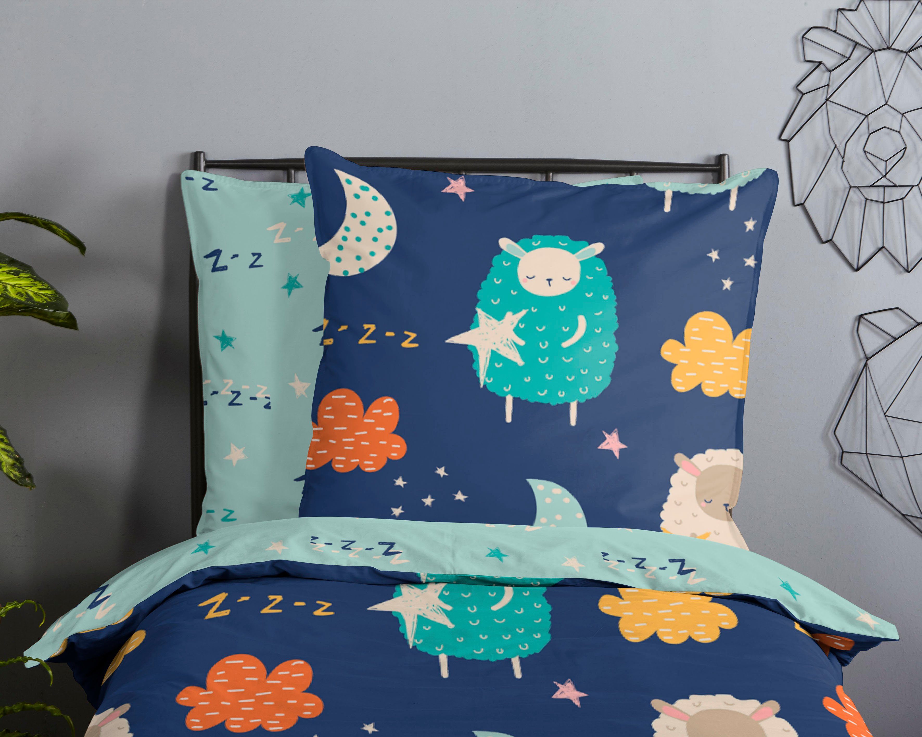good morning Kinderbettwäsche Sheep Sleep, Renforcé, 2 teilig, Baumwolle, 135x200, Reißverschluss, Wendeoptik, Kind, Schafe, Blau
