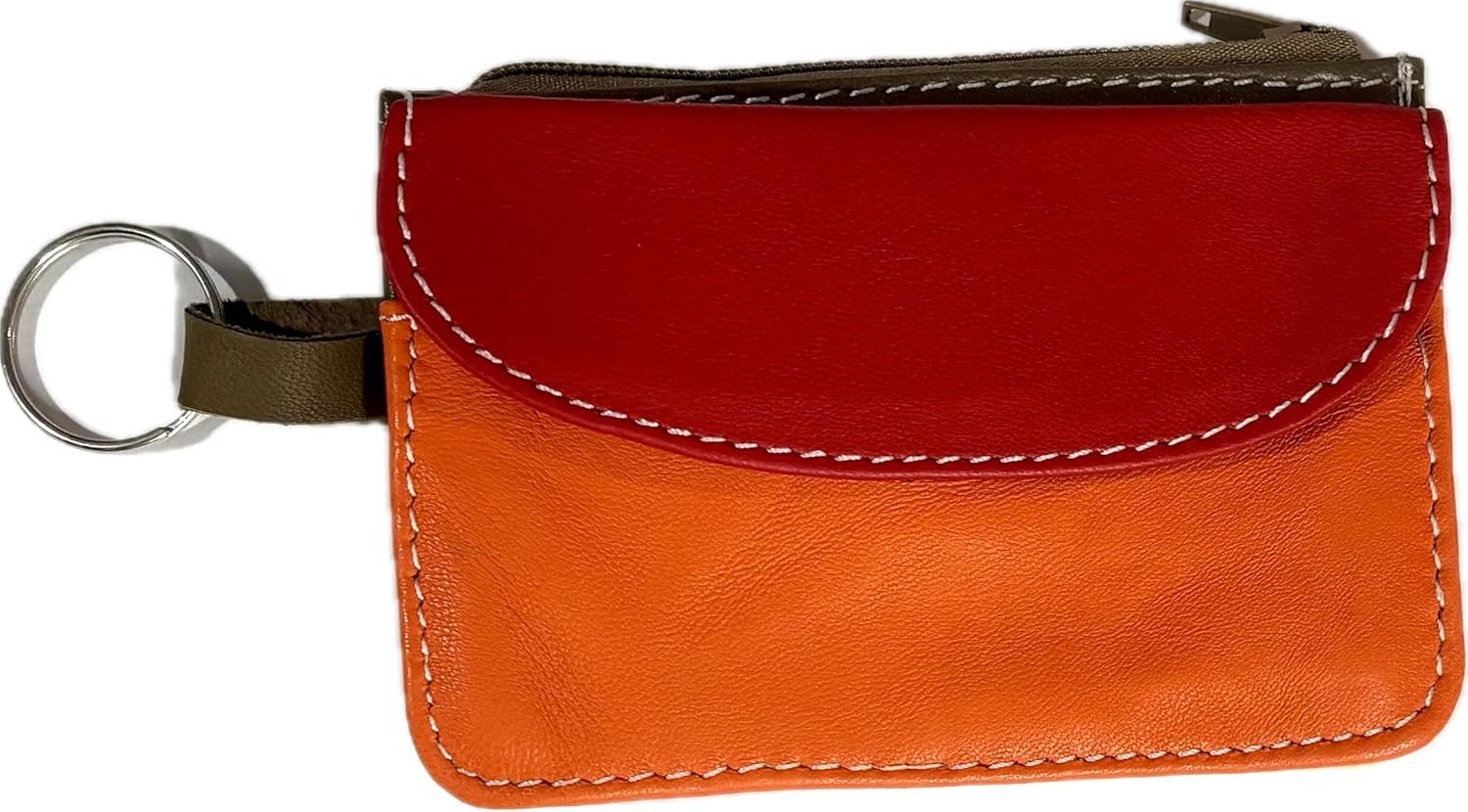 LK Trend & Style Mini Geldbörse Upcycled Leder-Geldbörse dreifarbig (mit Zwei Reißverschlüssen + Klettverschluss, Schlüsselring, 11 x 8 x 1 cm, Vorderseite Rottöne, Rückseite Brauntöne), aus Lederresten in Handarbeit hergestellt