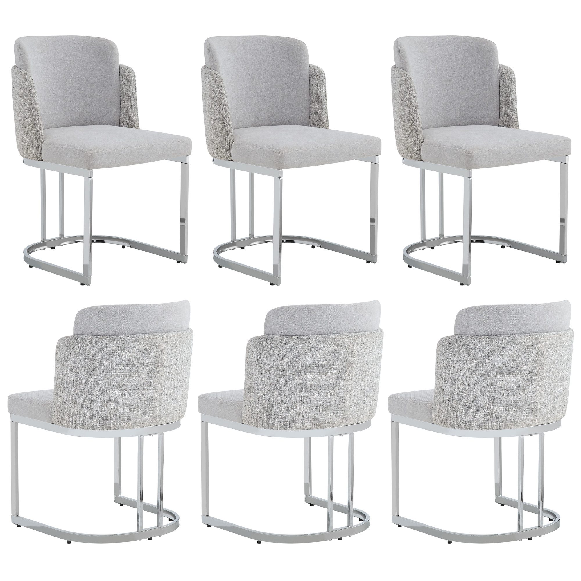 Flieks Freischwinger Bezug aus Chenille-Stoff, galvanisierte Metallbeine (mit verstellbaren Fußpolstern, Set, 6 St), 6er Set Esszimmerstühle Polsterstühle mit doppelter Rückenlehne Grau