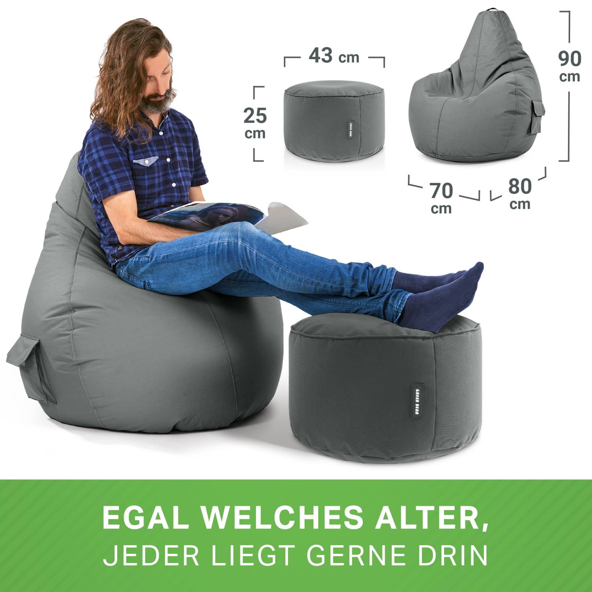 Bean Chair mit Cozy Sitzhocker, Sitzkissen, Relax-Sessel Stay, Gaming Green Grau Sitzsack + Set