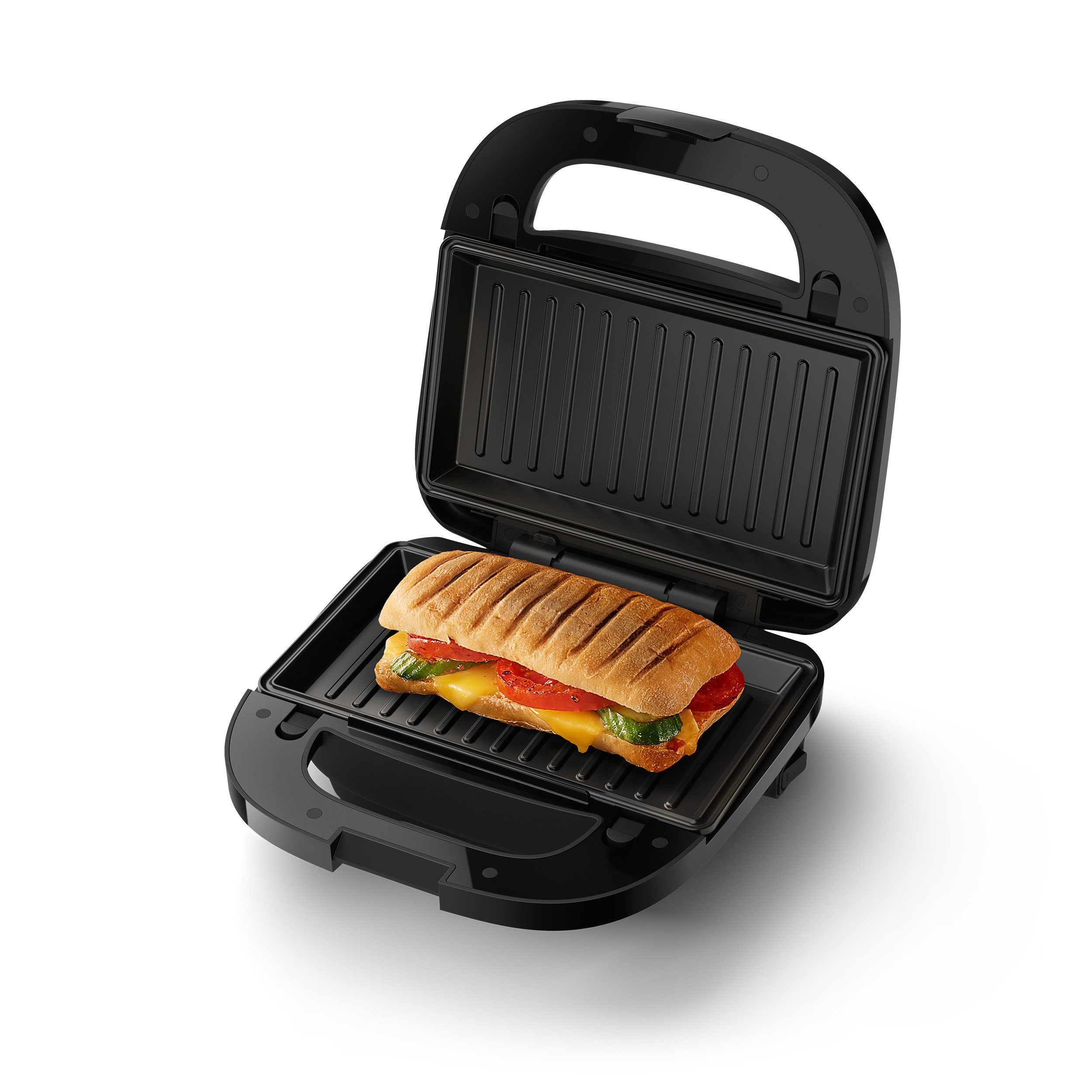 Philips Sandwichmaker 5000 Series HD2350/80, mit 3 austauschbaren Plattensätzen, 750 W, gleichmäßiges Aufheizen, kompakte Aufbewahrung; Schwarz / Silber