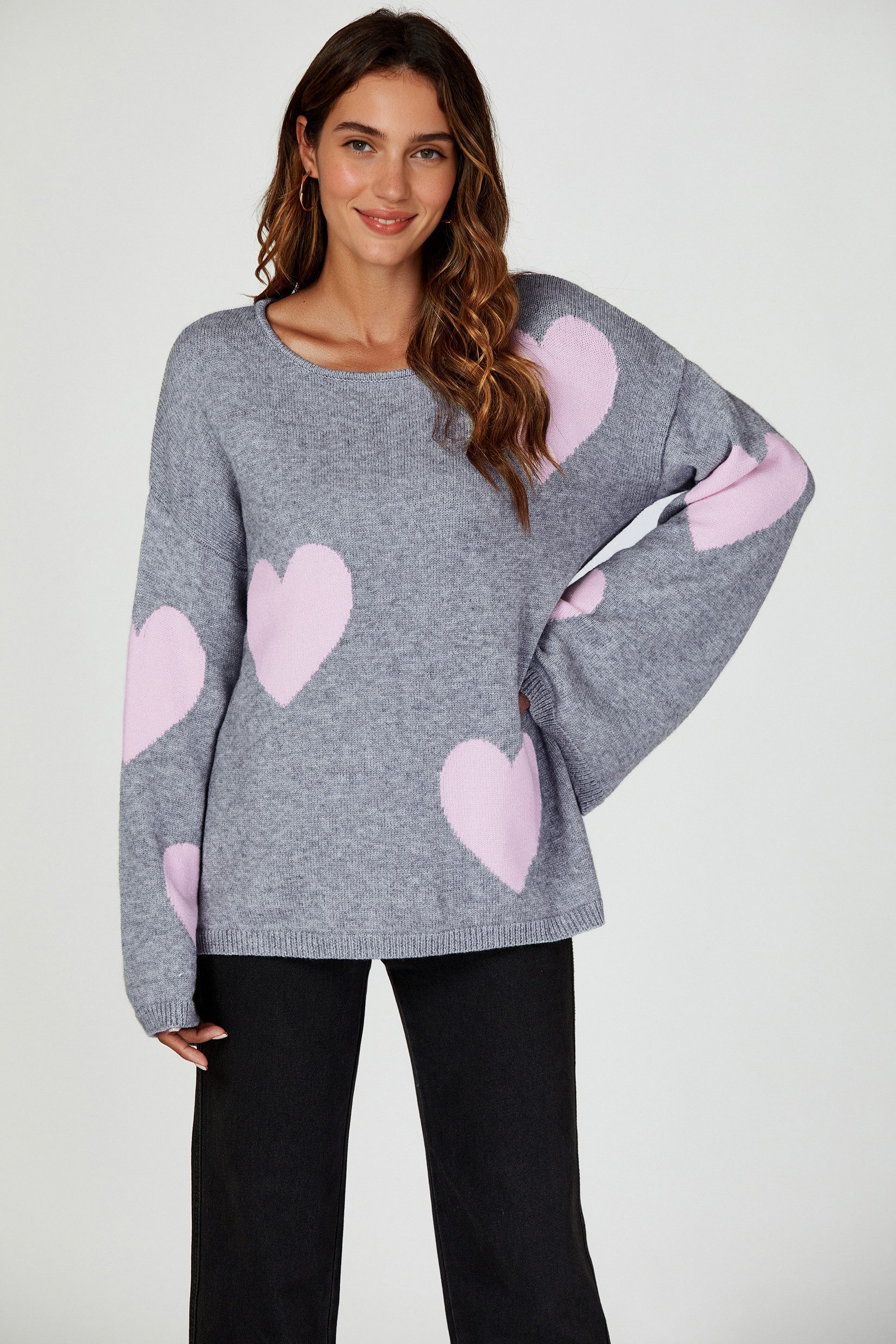 Strickpullover Oversize Pullover mit weiten Ärmeln und Herzmuster – Strickwaren
