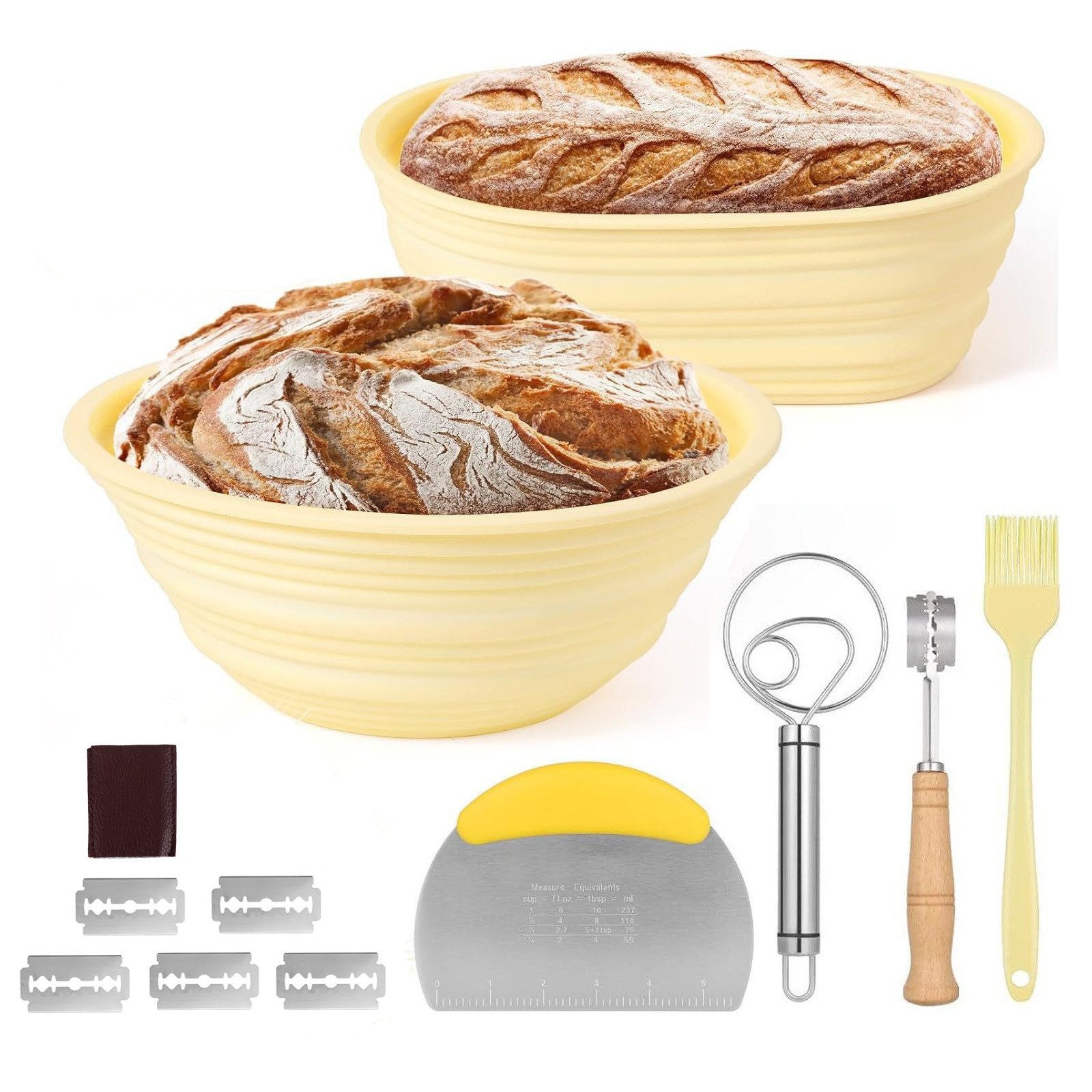 BlingBin Gärkorb 12-teiliges Faltbare Gärkörbchen für Brotbacken, Sauerteig Starter Set, (12er Set 2-tlg), Komplettset für die Brotherstellung – Ideal für Anfänger & Profis