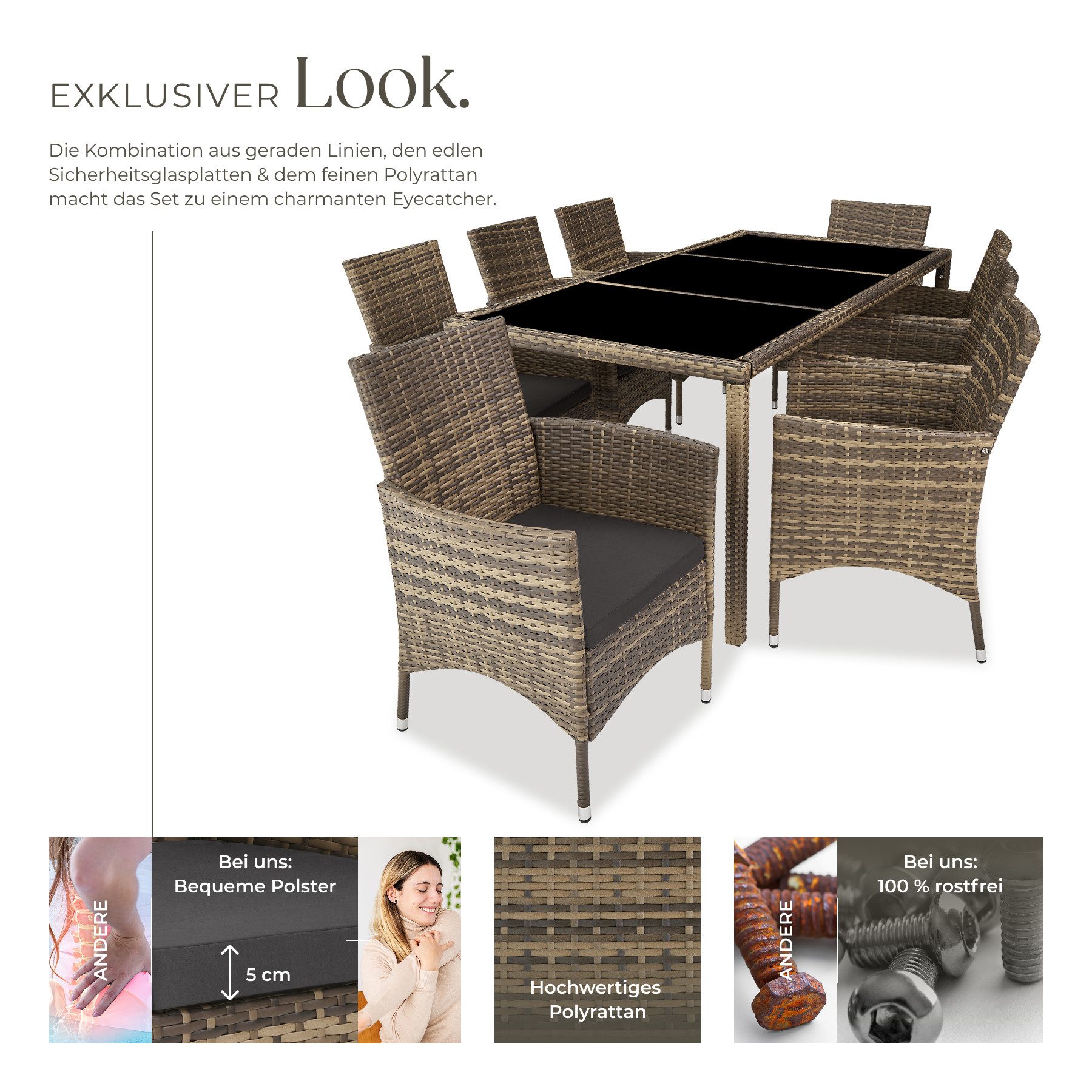 tectake Sitzgruppe Rattan Gartenlounge für 8 Personen, inklusive Schutzhülle, (Loungeset Almansa, 9-tlg., für Außen in Naturfarben/Dunkelgrau), widerstandsfähig, UV-beständig, mit Sicherheitsglasplatten