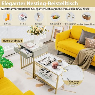 COSTWAY Couchtisch (2er Set), Marmor, mit Schublade & goldenem Metallbeinen