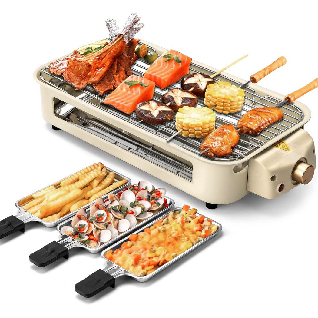 CkeyiN Tischgrill Multifunktionaler Elektrogrill Barbecue Elektrogrill Rauchfreier Grill, 1500,00 W, mit antihaftbeschichtetem Bratpfannen, 3 Kleine Backformen