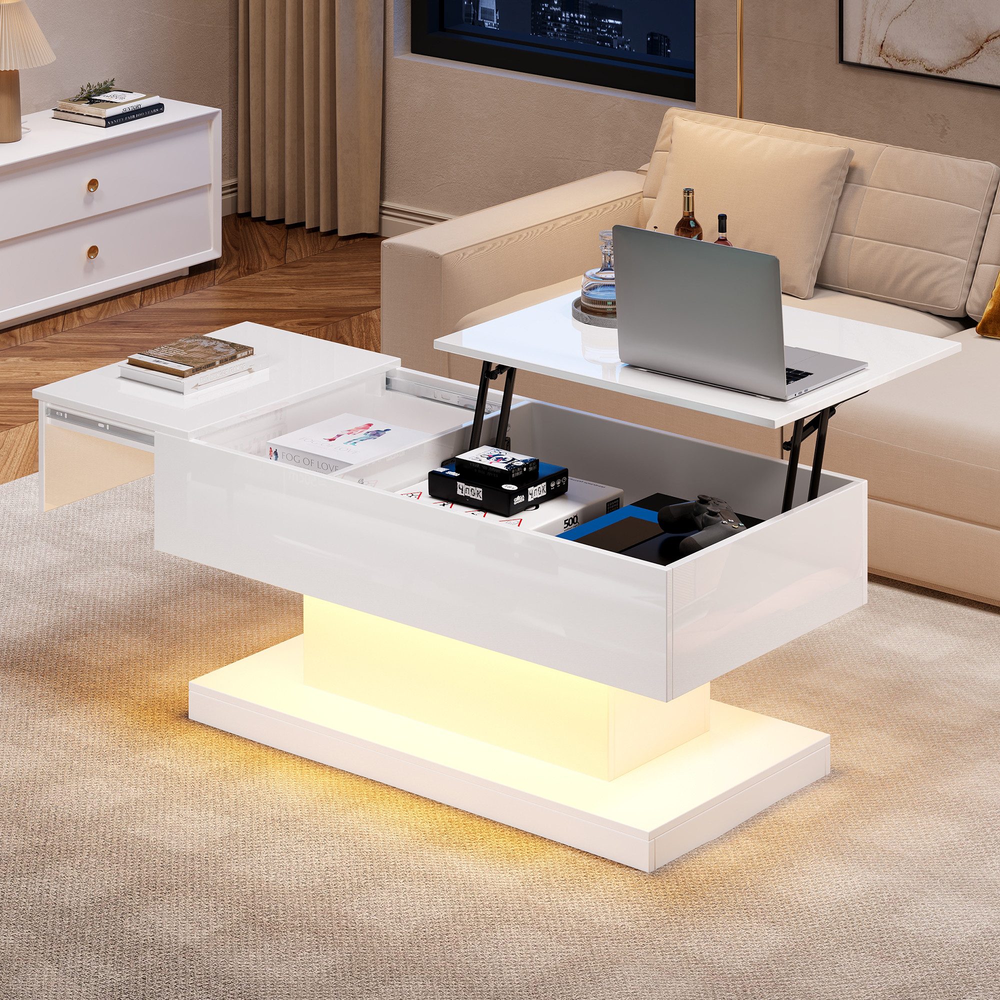 HAUSS SPOLE Couchtisch Hochglanz-Lift-Teetisch mit LED-Beleuchtung günstig online kaufen