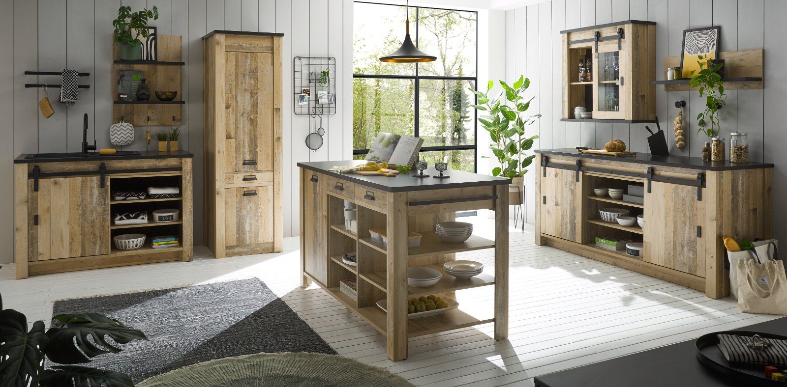 Furn.Design Küchenbuffet Stove (Küche in Used Wood, Schrank-Set 7-teilig) Soft-Close-Funktion, mit Insel