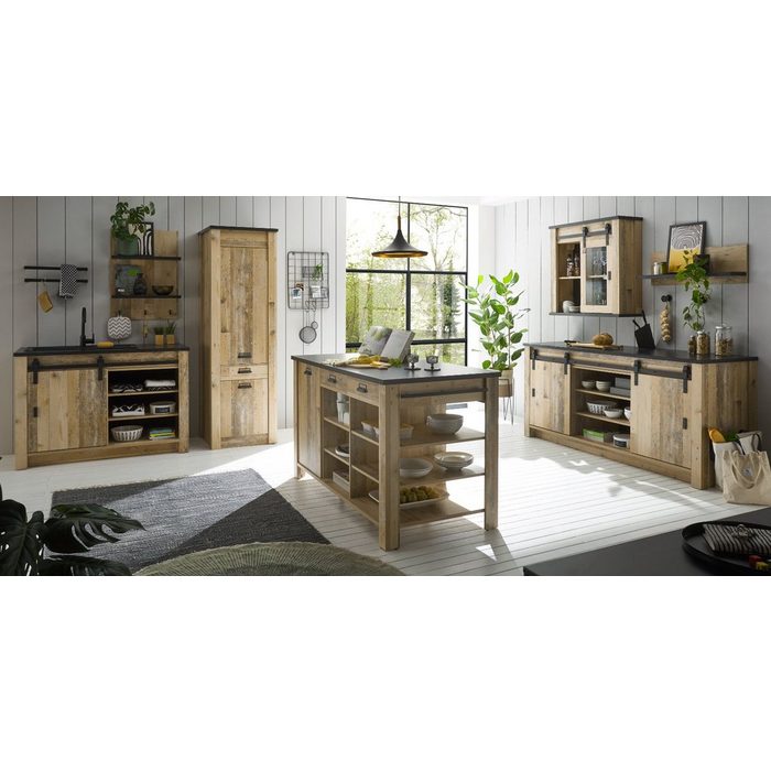 IMV Schrank-Set Stove (Küche in Used Wood Schrank-Set 7-teilig) mit Soft-Close inklusive Inselschrank