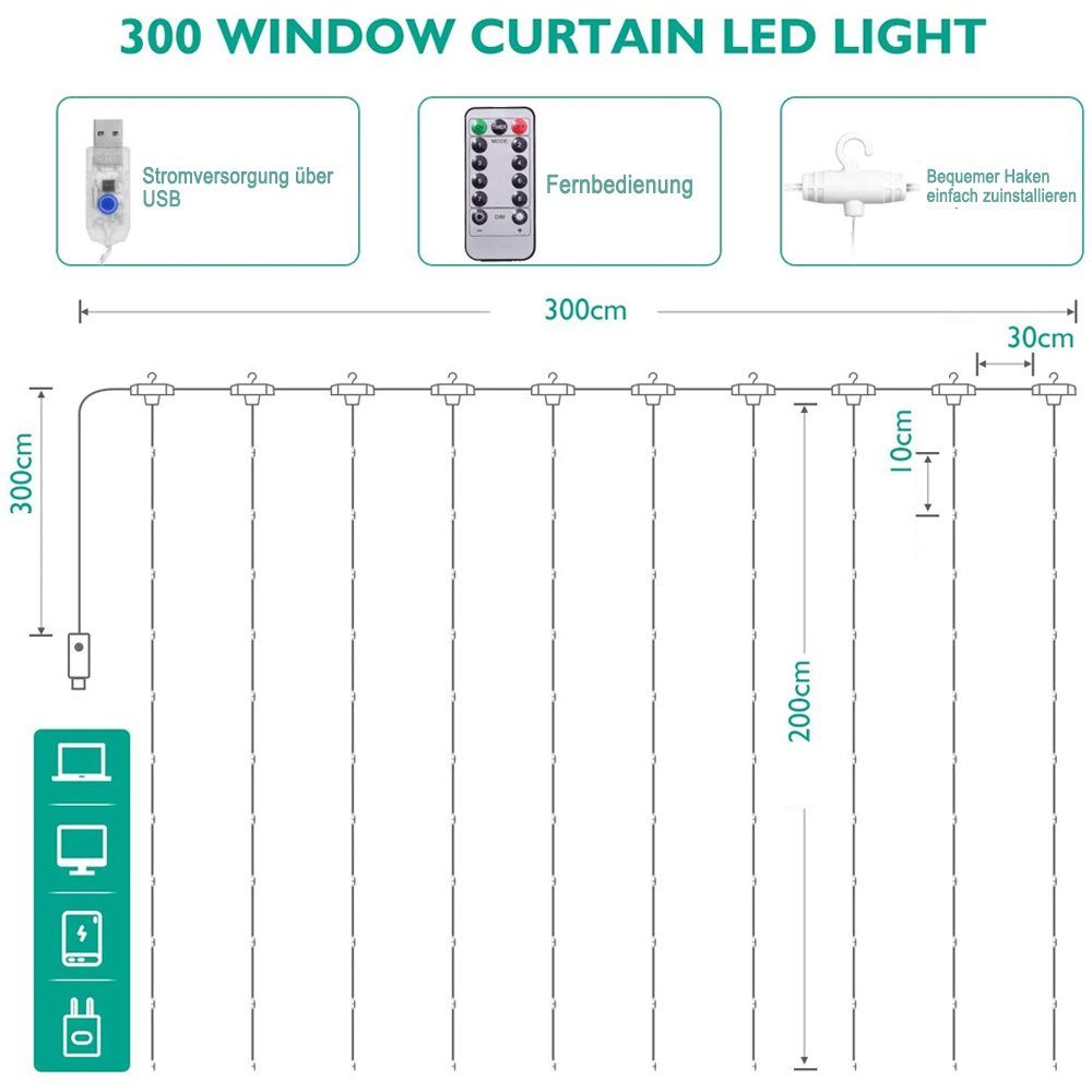300 LED Lichterketten, LED-Lichterkette USB LEDs Deko Fernbedienung mit Vorhanglichter GelldG