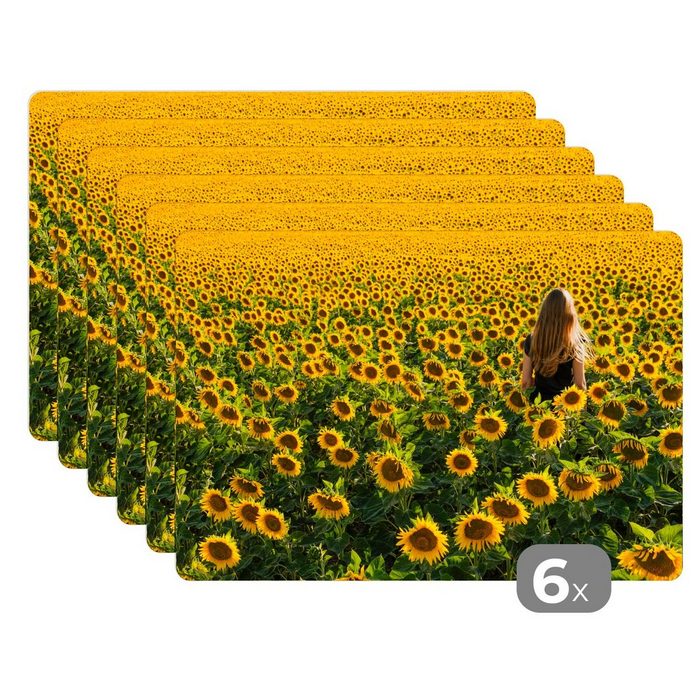 Platzset Sonnenblume - Frau - Frühling MuchoWow (6-St) Platzset Platzdecken Platzmatte Tischmatten Schmutzabweisend