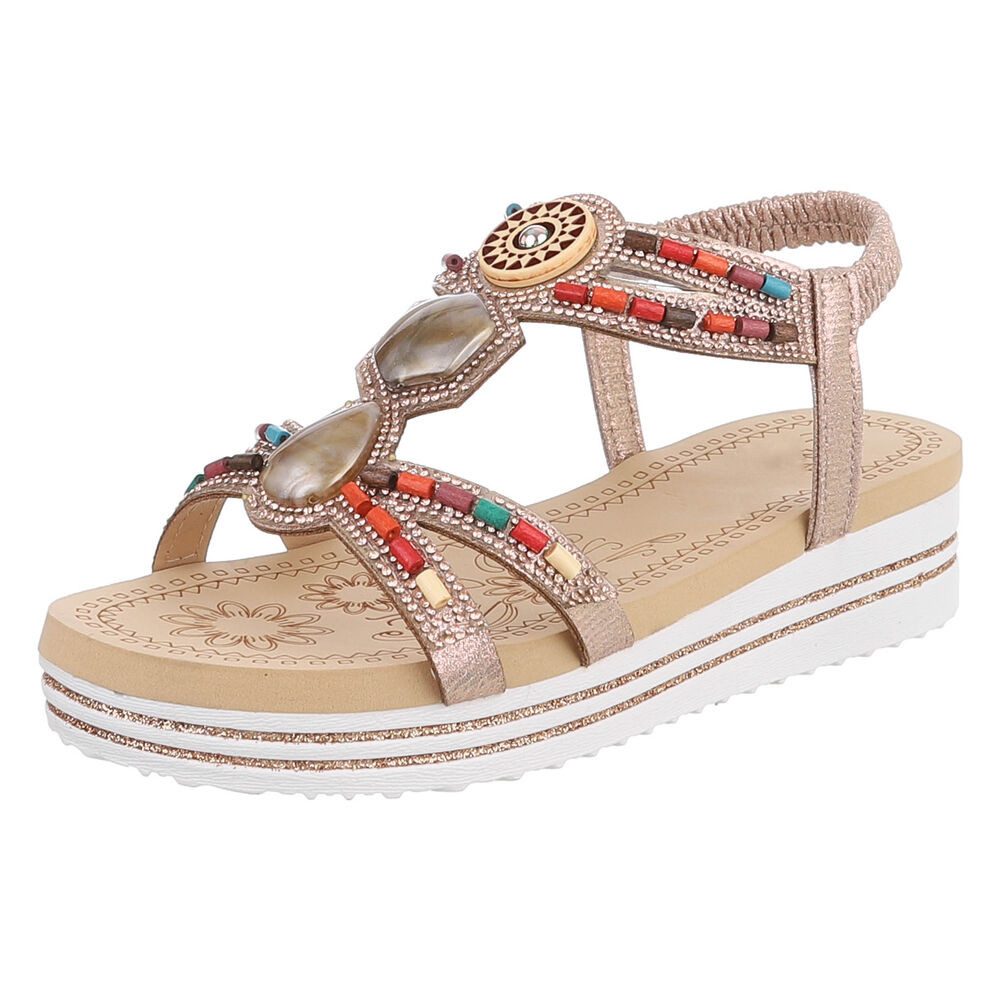 Ital-Design Damen Sandalen mit Stein- und Perlenverzierungen, Freizeit Plateausandaletten (91512200) Keilabsatz/Wedge Keilsandaletten in Champagner
