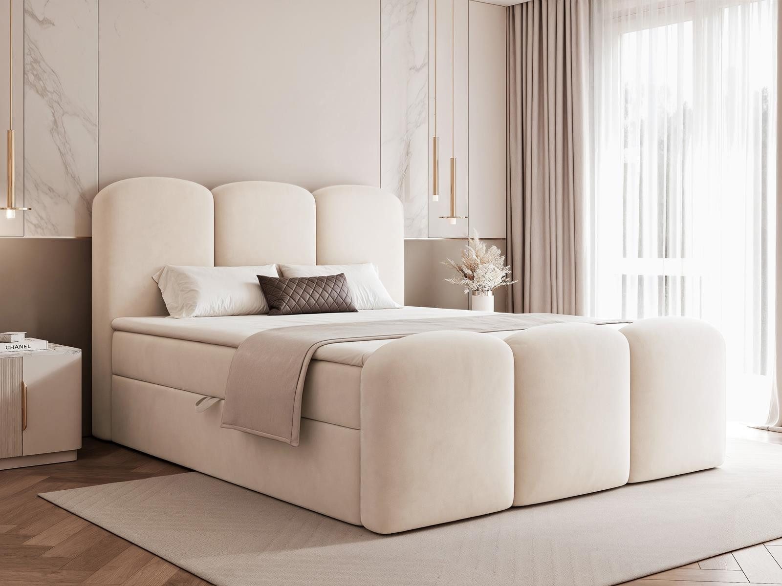 Compleo Boxbett Wolkenbett mit Stauraum & hohem Schlafkomfort, MADE IN EU, Doppelbett gepolstertes Kopfteil mit Bettkasten