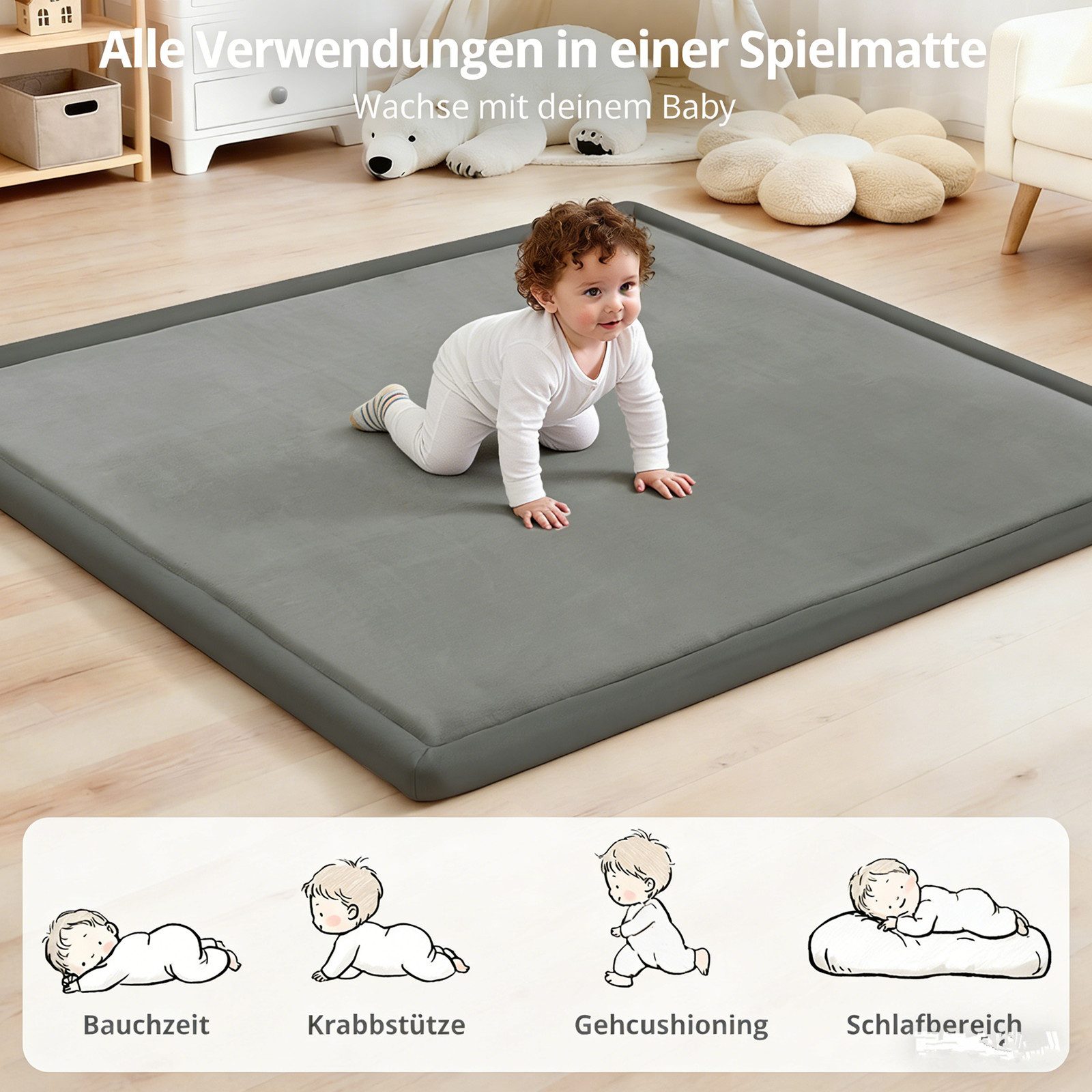 Insma Spielmatte Ultraweiche Baby Krabbelmatte Laufstallmatte 127x127cm, 3cm dicke Memory-Schaumstoffmatte Rutschfest für Krabbeln & Bauchlage
