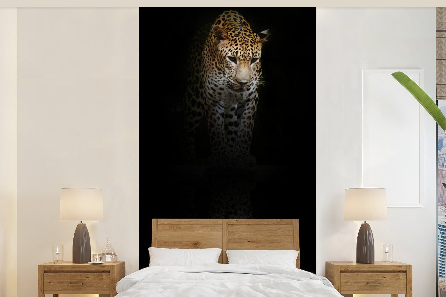 MuchoWow Fototapete Leopard - Reflexion - Schwarz, Matt, bedruckt, (2 St), Vliestapete für Wohnzimmer Schlafzimmer Küche, Fototapete