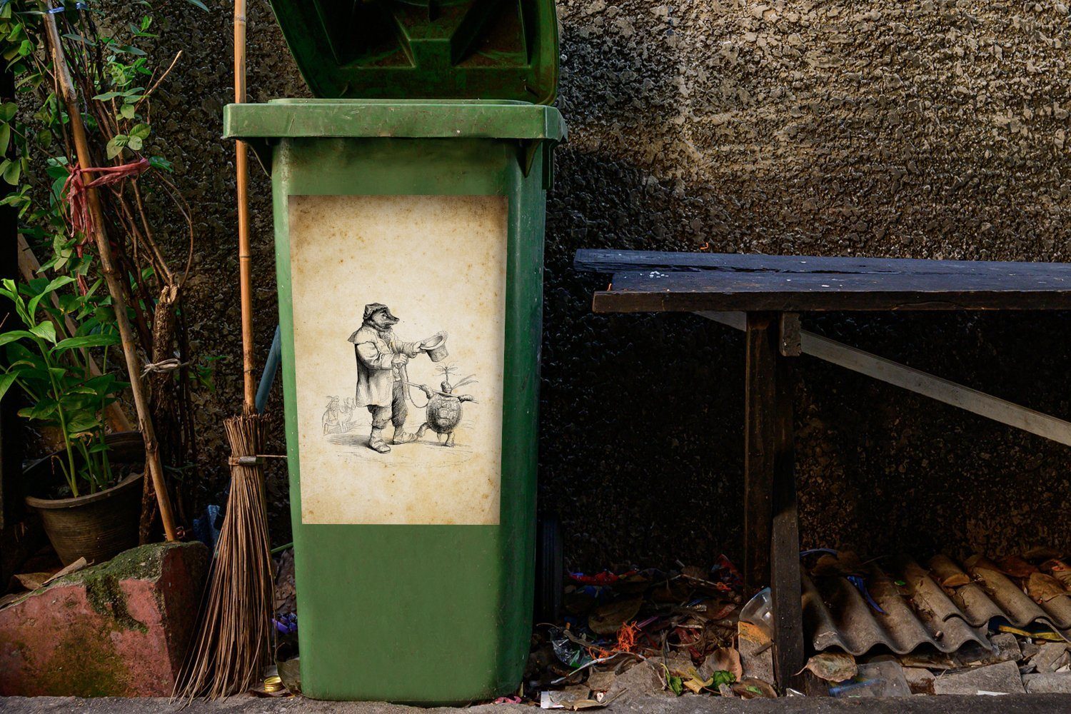 Mülleimer-aufkleber, einer Mülltonne, Schildkröte Wandsticker (1 MuchoWow Illustration Bären Abfalbehälter Sticker, Container, St), Vintage und eines
