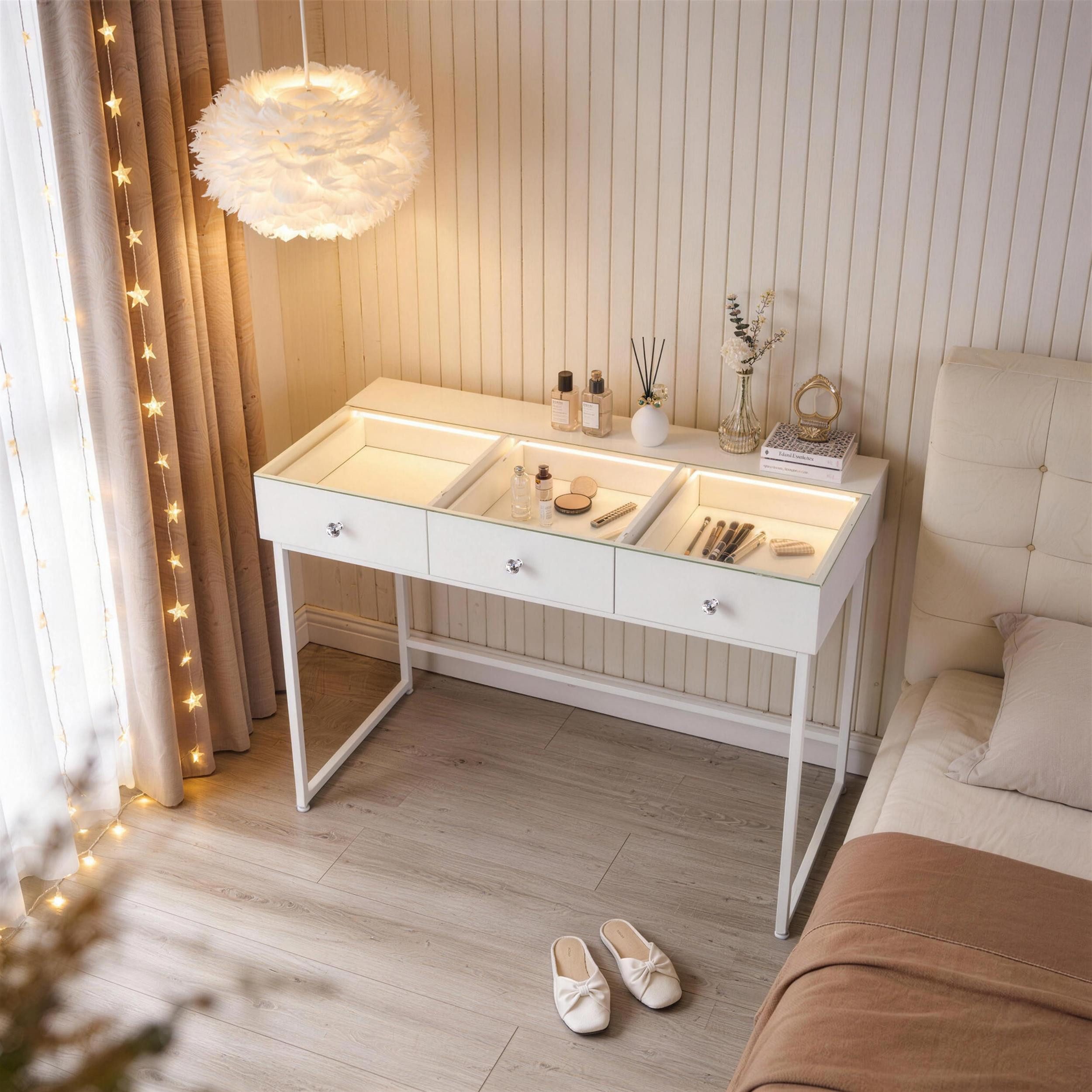 FENCHILIN Schminktisch mit Beleuchtung 3 Schubladen weiß 115 x 55 x 81 cm