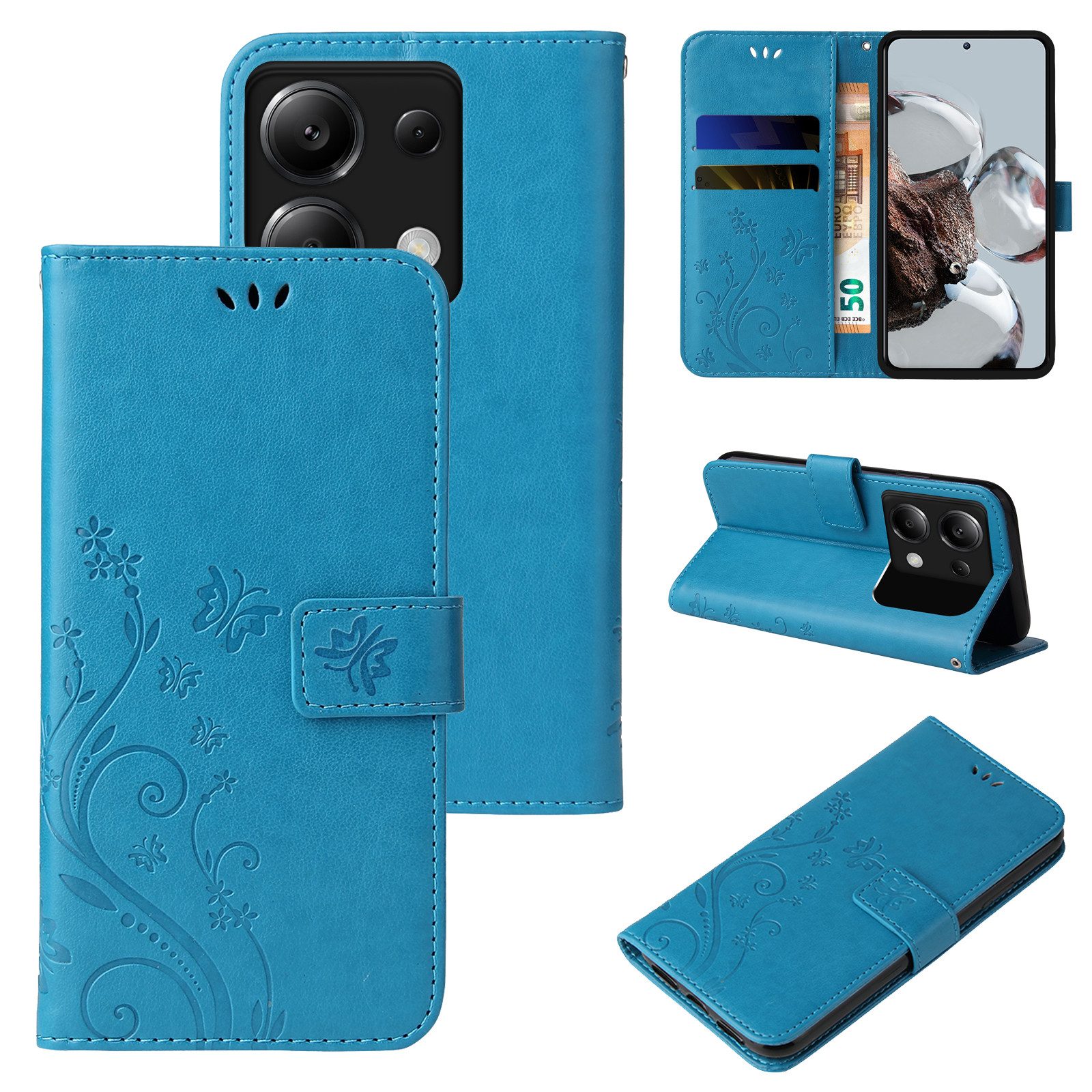 Tec-Expert Handyhülle Cover Tasche Hülle für Xiaomi Redmi Note 13 5G 6,67 Zoll, Klapphülle Case mit Kartenfach Fliphülle aufstellbar, Motiv Blumen