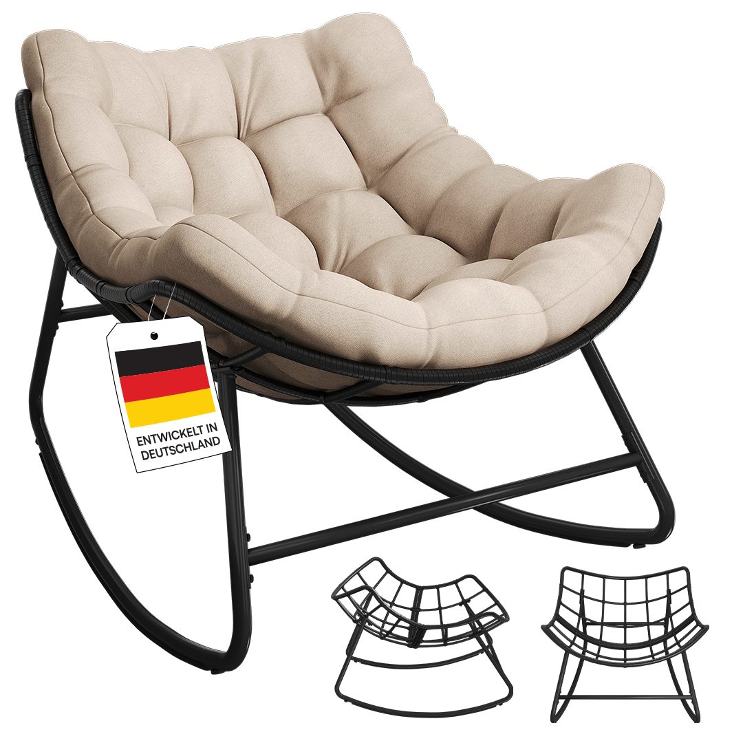 STEELSØN Schaukelstuhl Veldora Rattan XXL Schaukelsessel mit Sitzpolstern für Innen & Außen (Beige, Stahlgestell 75x100x65 cm), Relaxsessel wetterfest & rutschfest, Lounge Sessel bis 125 kg