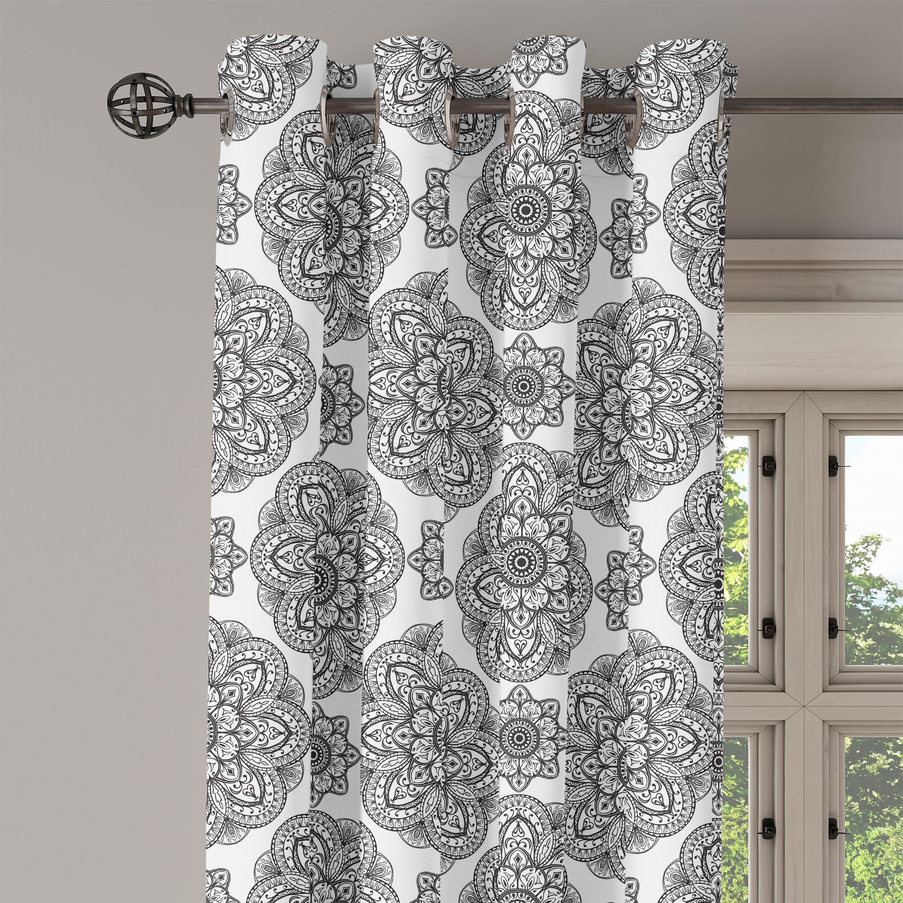 Abakuhaus, Patterns Dekorative Mandala Schwarz 2-Panel-Fenstervorhänge Schlafzimmer Wohnzimmer, Gardine für Aufwändige
