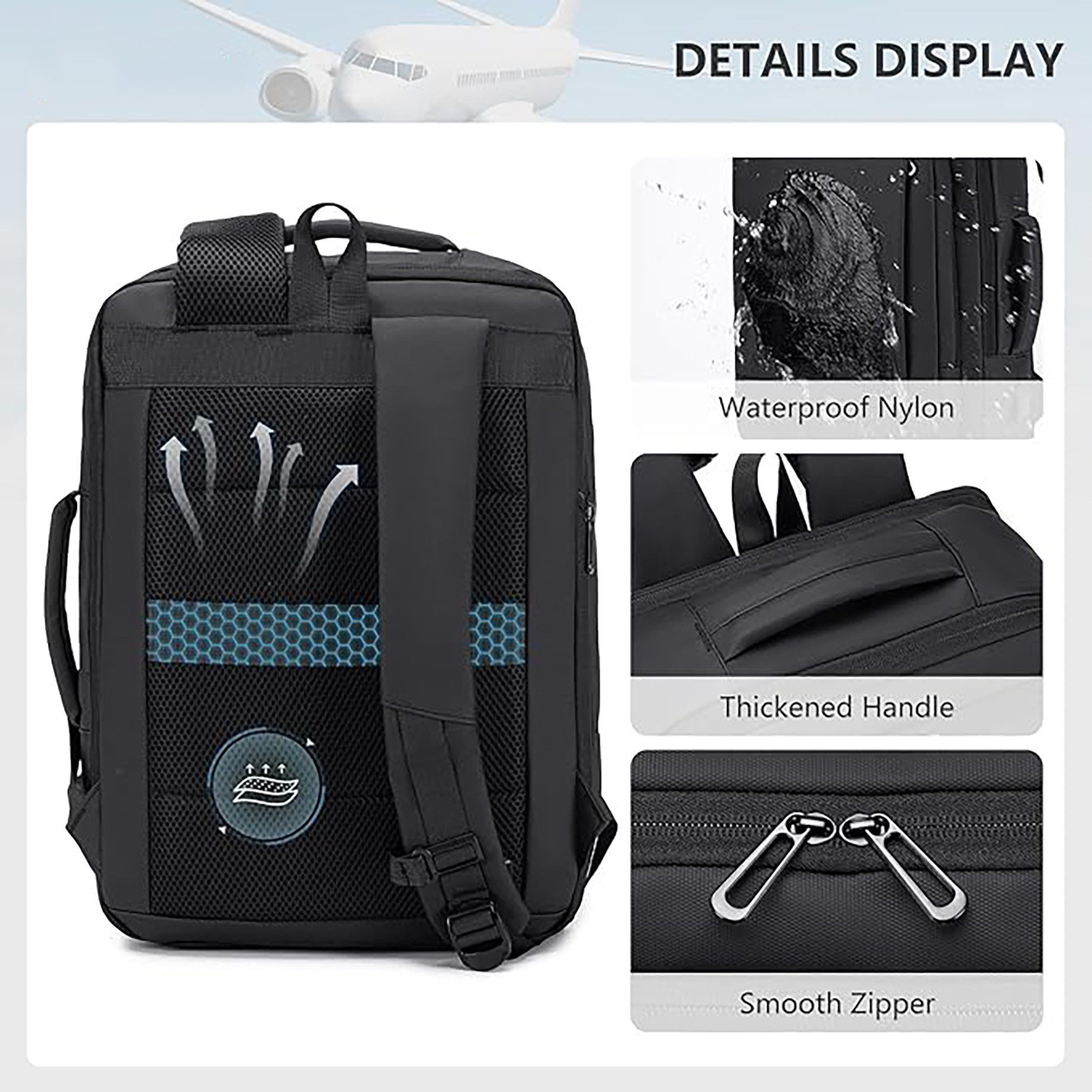 ibettertec Tagesrucksack Handgepäck Laptopfach Flugreiserucksack Herren Damen
