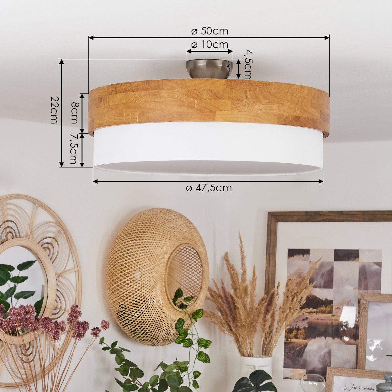 hofstein Deckenleuchte »Campitello« Deckenlampe aus Metall/Holz/Stoff, Nickel-matt/Natur/Weiß, ohne Leuchtmittel, Leuchte im skandinavischen Design, Ø50cm, 3xE2 – Bild 4 von 5