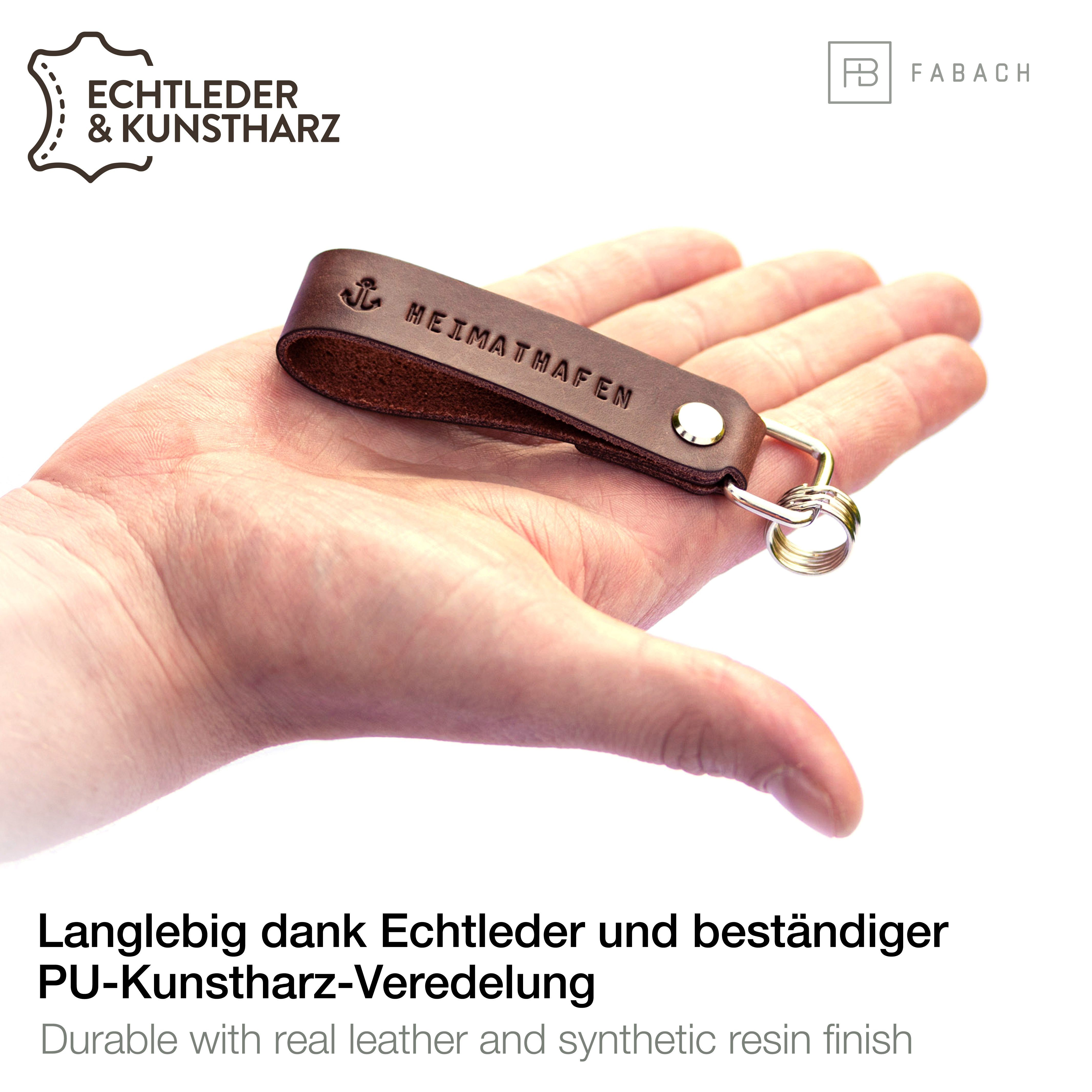 FABACH Schlüsselanhänger Leder mit Schlüsselring Anhänger Gravur Braun - wechselbarem "Heimathafen"
