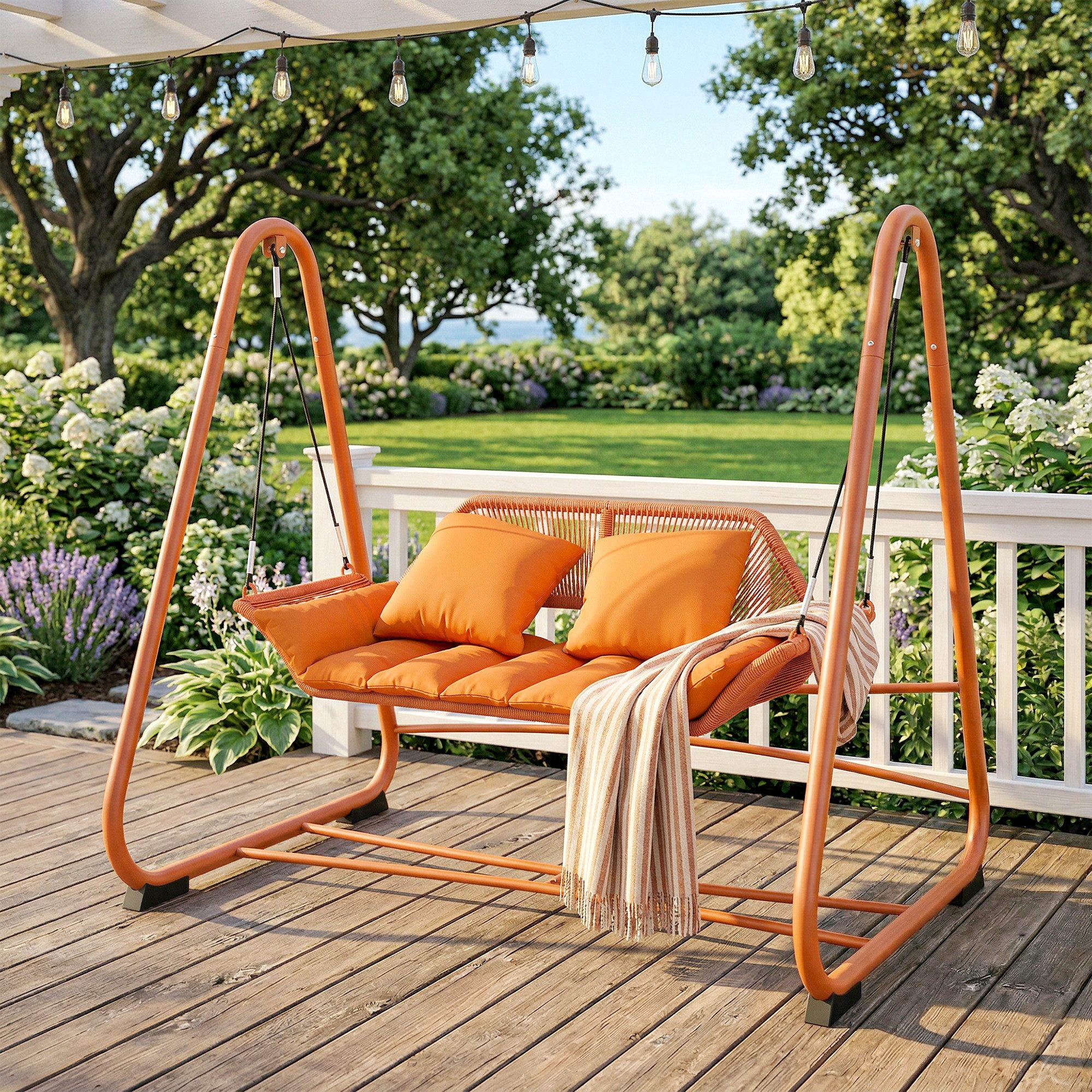 Outsunny Hollywoodschaukel Gartenschaukel mit Kissen, Hängeliege mit Gestell, 2-Sitzer, Schaukelfunktion, Gartenschaukel, 1 tlg., Hängeliege, für Garten, Balkon, 174 x 120 x 162 cm, Metall, Terrakotta