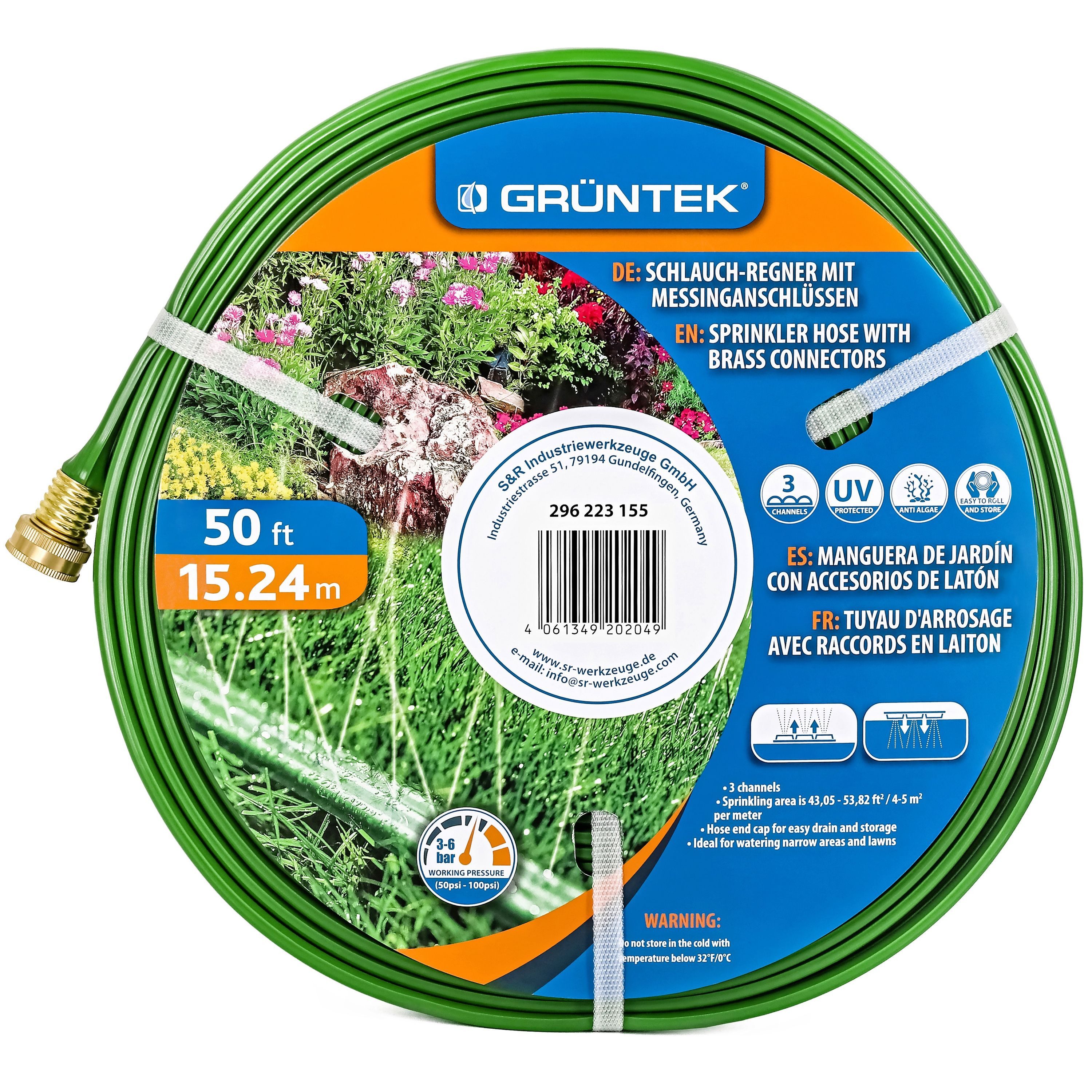 GRÜNTEK Bewässerungsschlauch Schlauch-Regner, Sprühschlauch, Rasensprenger Gartenschlauch 15,24 m, Beregnungsfläche 4-5 qm/m, Druck von 3 - 6 bar, (Schlauch), Schnellanschluss, Messing Verbindungsstück