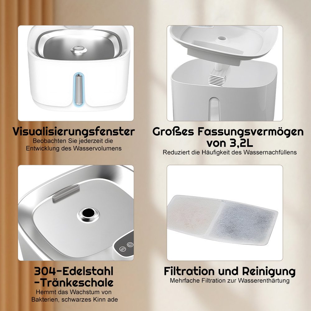 Fine Life Pro Trinkbrunnen für Katze und Hunde, Edelstahl Kabellos mit Sensor 3,2 l, Akku 4000mAh, 3 Modi und Leiser Pumpe, Weiß