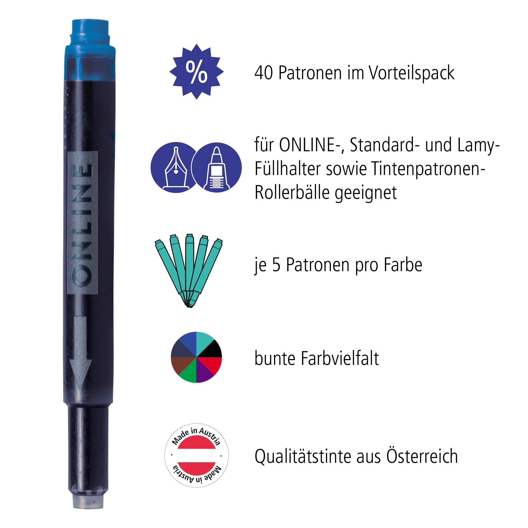 Online Pen Kombi-Tintenpatronen Tintenpatrone (Universal-Füllhalter Patronen auch passend für LAMY, Pelikan, etc., Füller Patronen Vorteilspack)