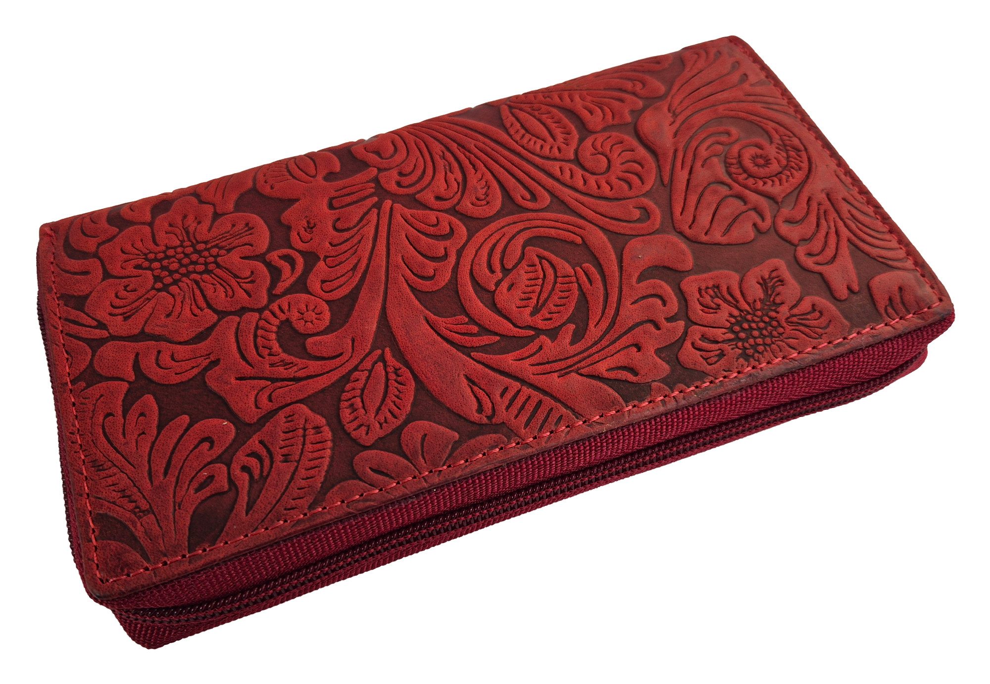 Einkaufszauber Geldbörse Echt Leder Damen Geldbeutel Floral rot, Geprägt mit floralem Muster