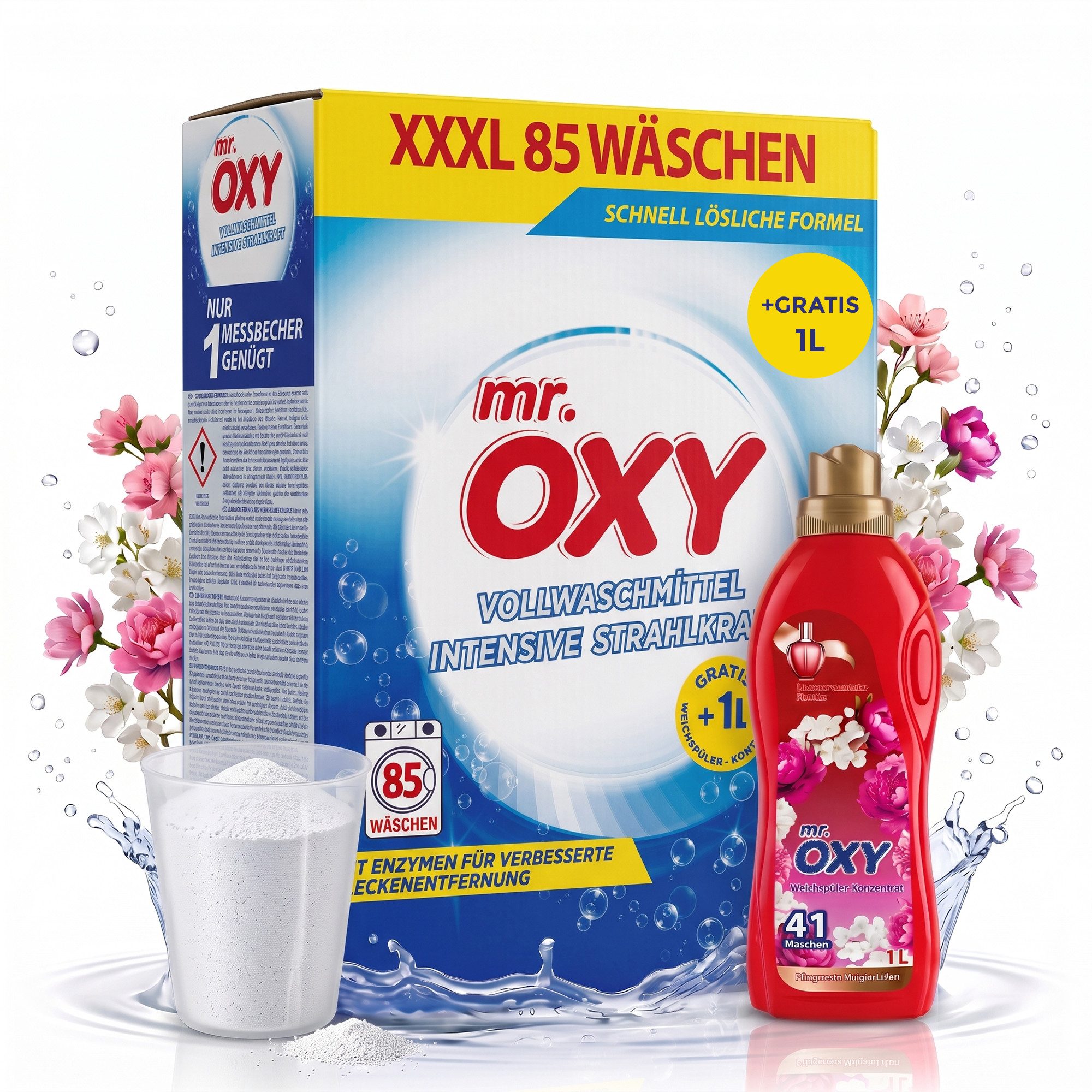 Roxlin Mr. OXY Waschmittel Set XXXL 85 Wäschen 5,1 KG + GRATIS 1L Weichspüler Colorwaschmittel