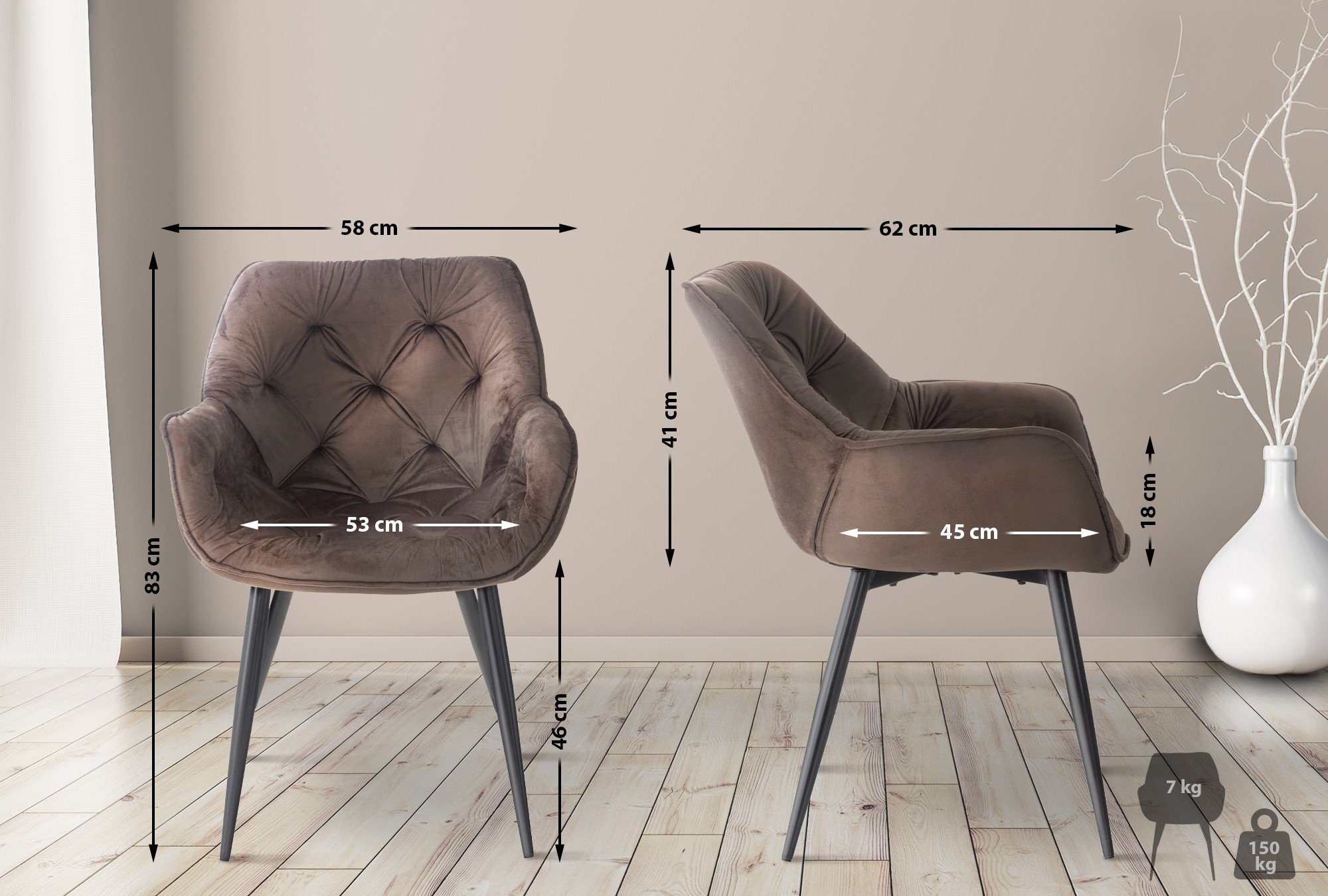 CLP 4-Fuß-Stuhl, braun Samt, Armlehnen, Tanna Esszimmerstuhl Metallgestell