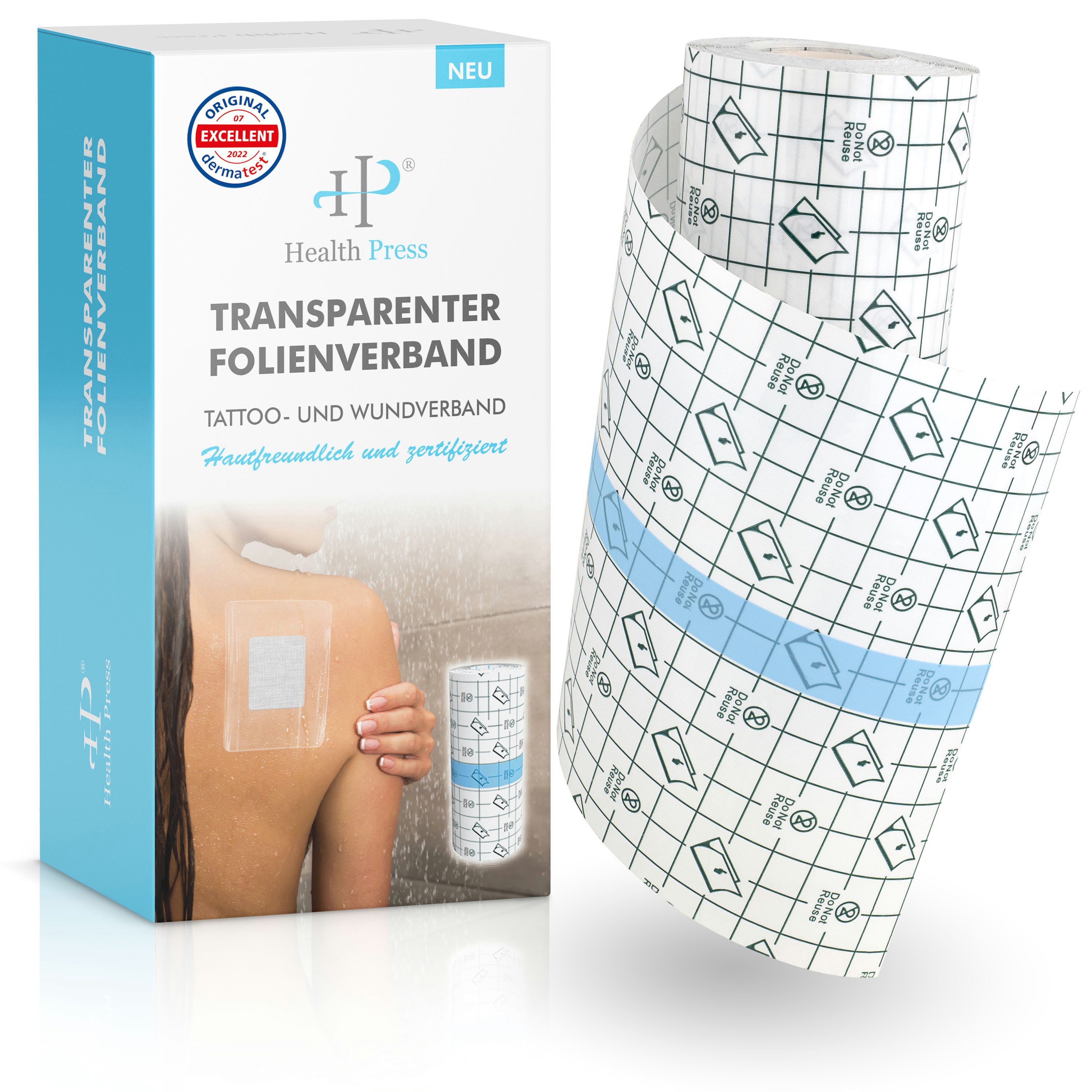 Health Press Wundpflaster Transparenter Folienverband - Tattoo Pflaster Wasserfest 15cm x 10m