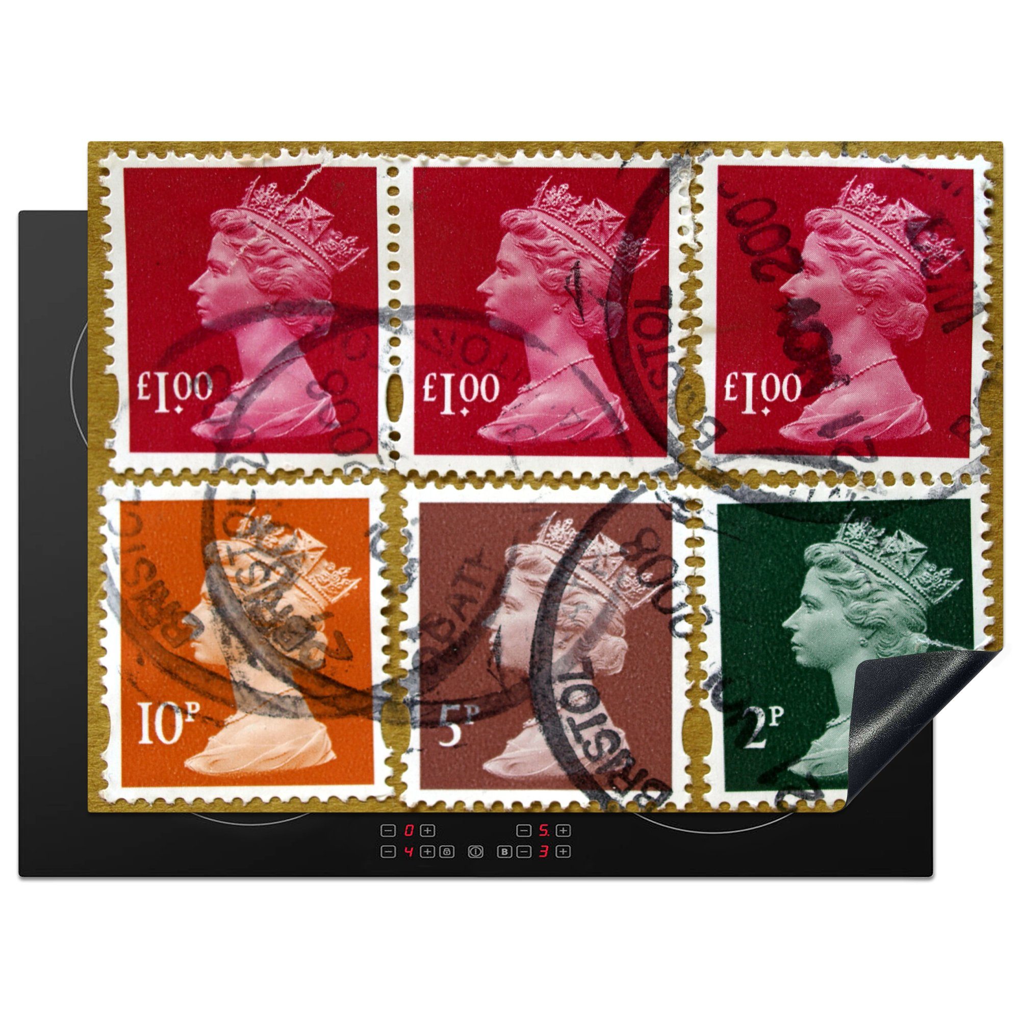 MuchoWow Herdblende-/Abdeckplatte UK-Briefmarken, Vinyl, (1 tlg), 70x52 cm, Mobile Arbeitsfläche nutzbar, Ceranfeldabdeckung | Herdabdeckplatten