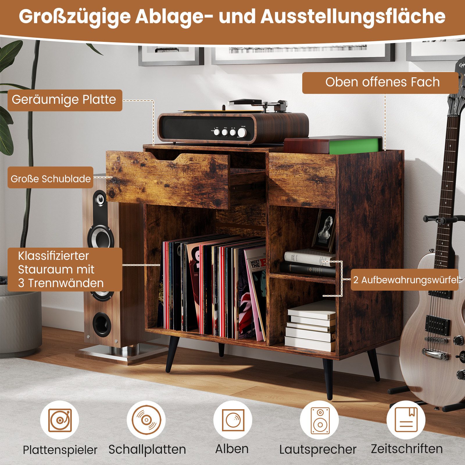 COSTWAY Nachttisch, Plattenspielerständer mit Ladestation & Stauraum, Holz