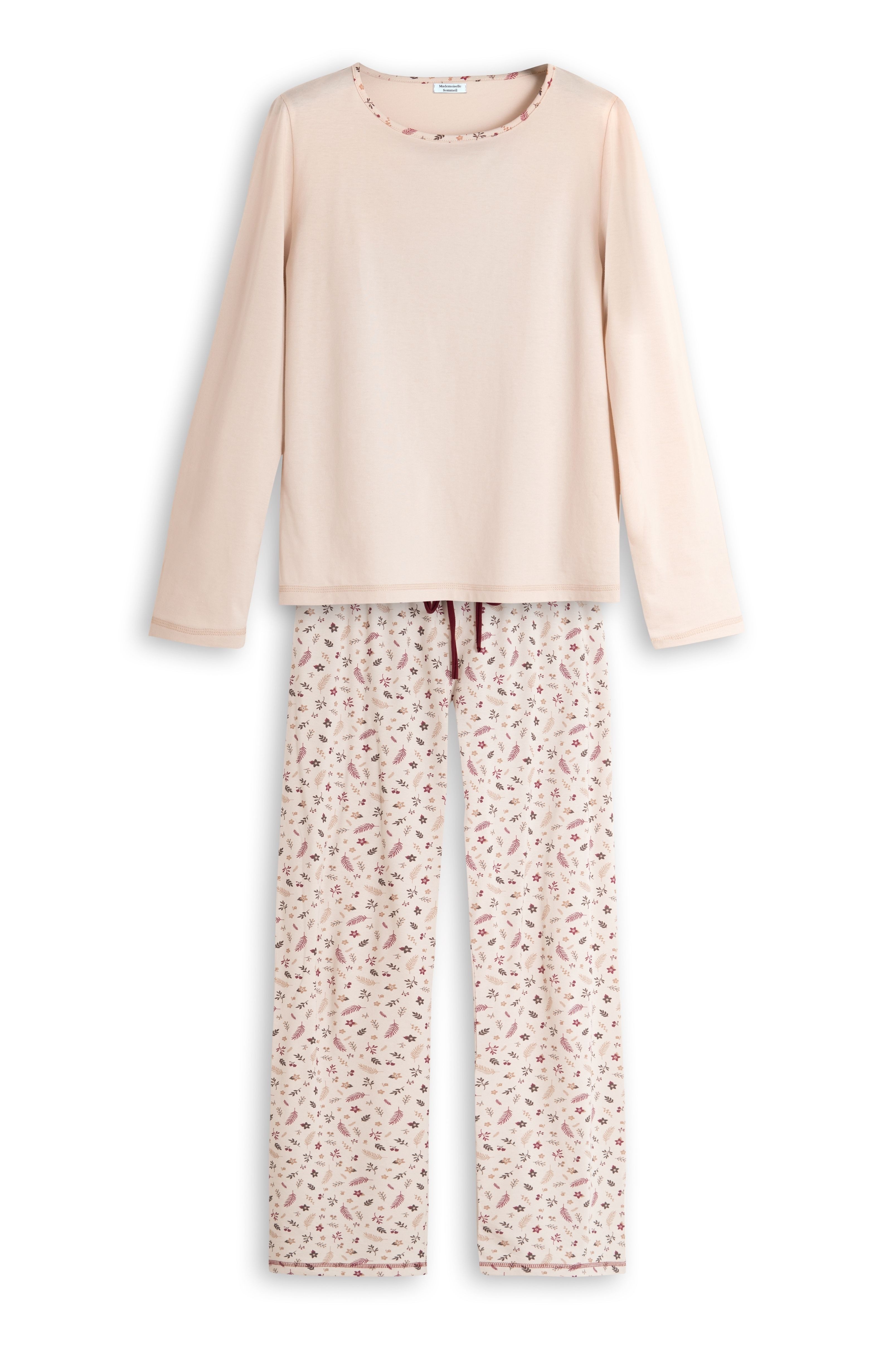 Mademoiselle Sommeil Pyjama Damen Schlafanzug mit Creme Langarmshirt & florale Hose 100% Baumwolle, Rundhals, hergestellt in Polen