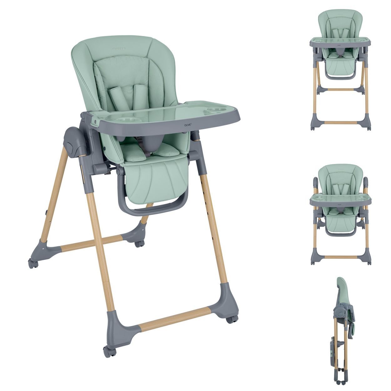 Kikkaboo Kombihochstuhl Olive 2, höhenverstellbar, Räder, Ablagefach, klappbar, Sicherheitsgurt
