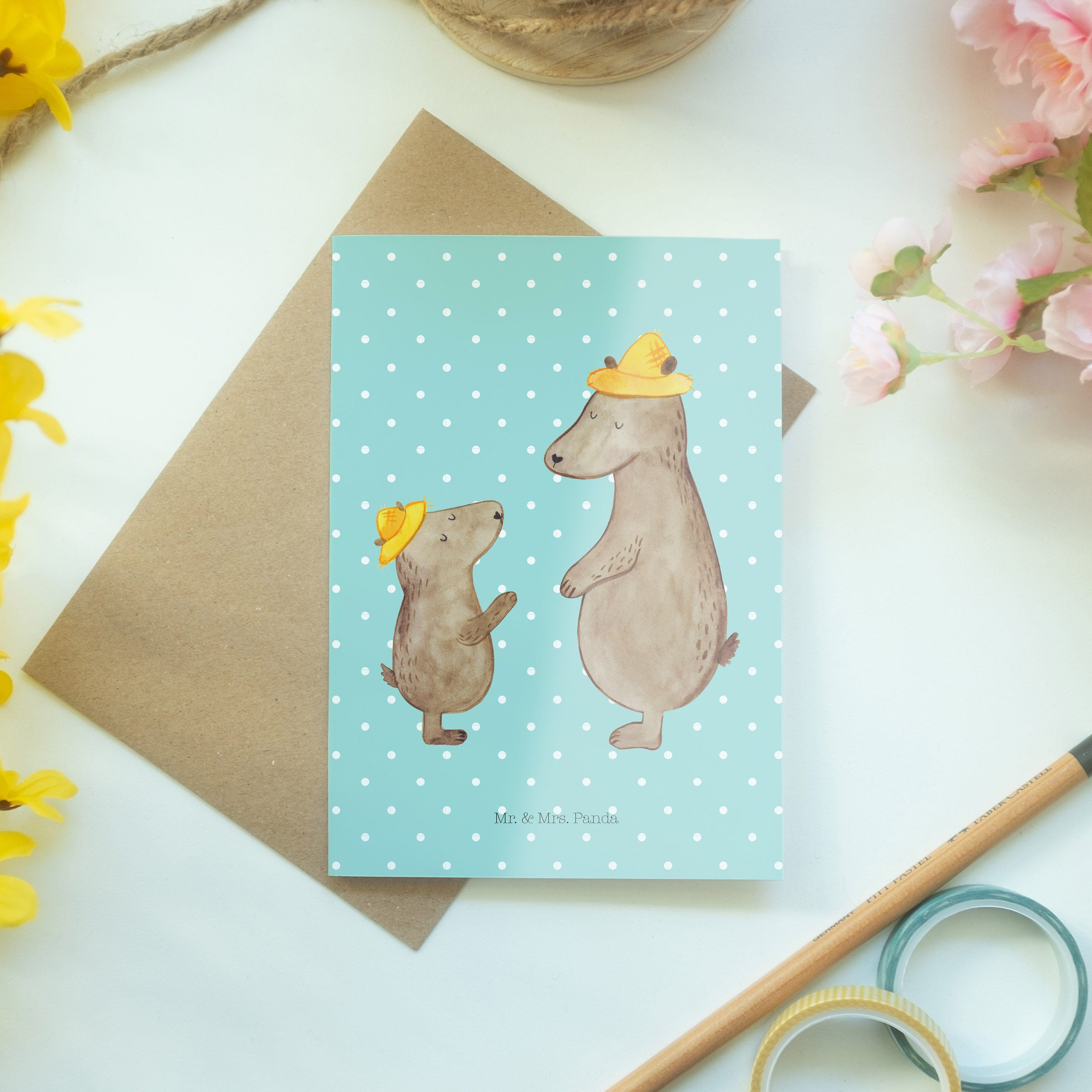 Mr. & Mrs. Panda Türkis Hut - Hochzeitskarte, Bären Pastell Papi, - Grußkarte Kart Geschenk, mit