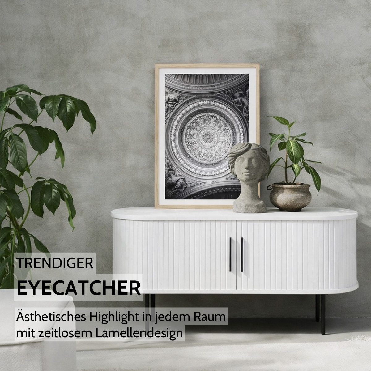 Liadomo Lowboard Uriel, TV-Möbel, TV-Board, TV-Unterschrank, 120 oder 180 cm Breite, Schiebetüren, Lamellen, schwarz, weiß, Natur, braun