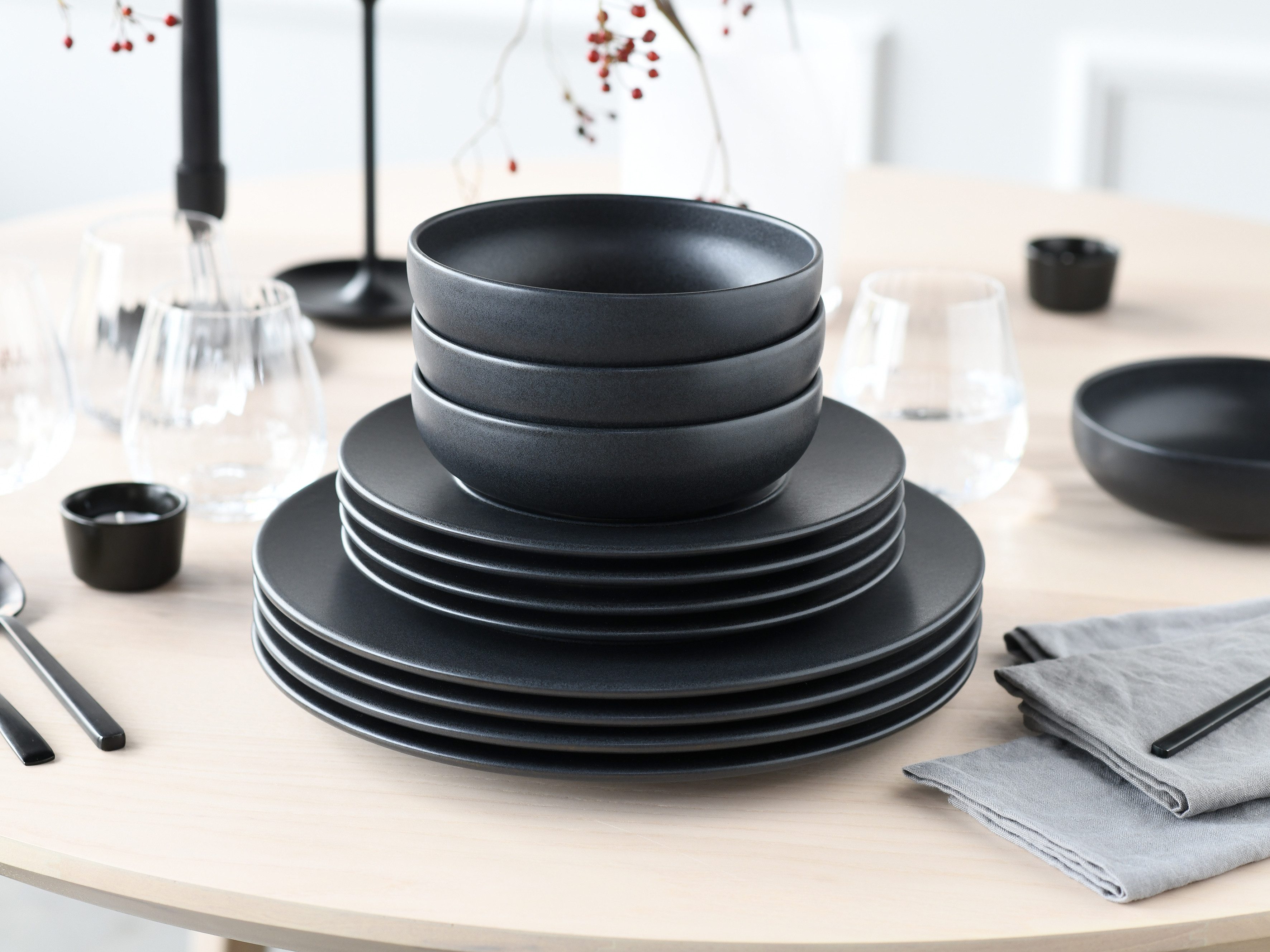 CreaTable Teller-Set Unico, Teller Set, 12-tlg. (12-tlg), 4 Personen, Steinzeug, Eleganter Flair, Breite Fahne, Edel