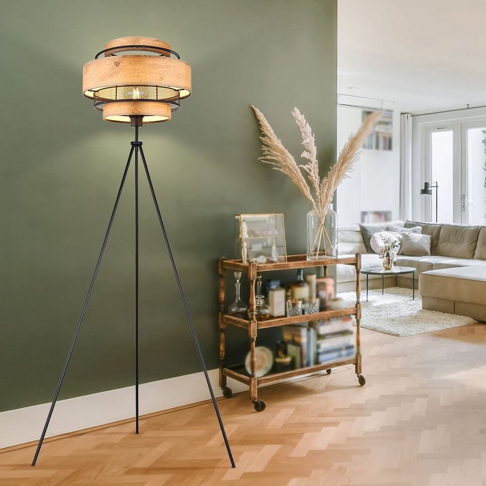 Globo Stehlampe, Leuchtmittel nicht inklusive, Stehleuchte Deckenfluter Holz  Wohnzimmerleuchte Beistelllampe