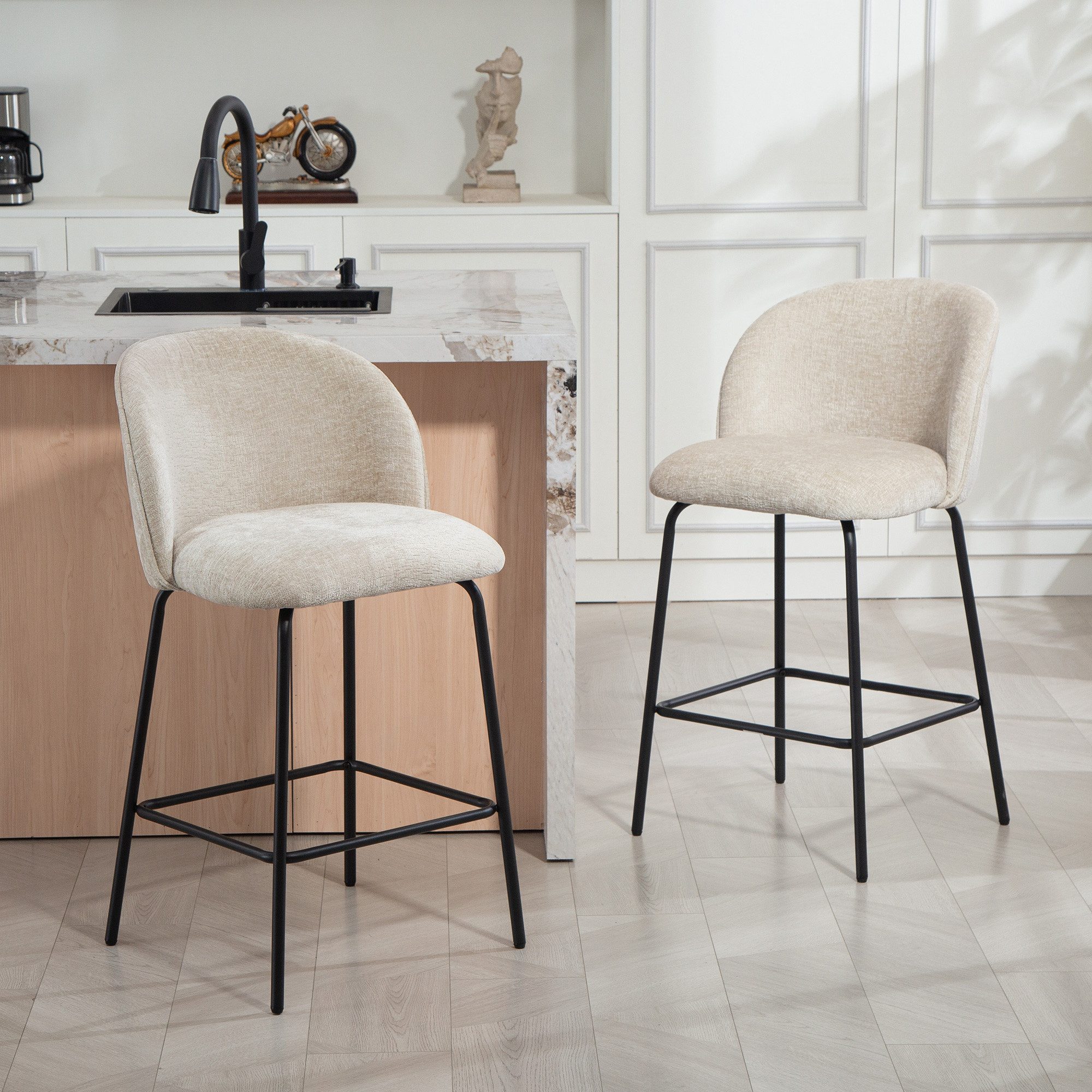 HOMCOM Barhocker Set mit Fußstütze, Lehne, Sitzhöhe 68 cm Loungesessel (Bistrohocker, 2 St., Barstuhl), für Esszimmer, Beige