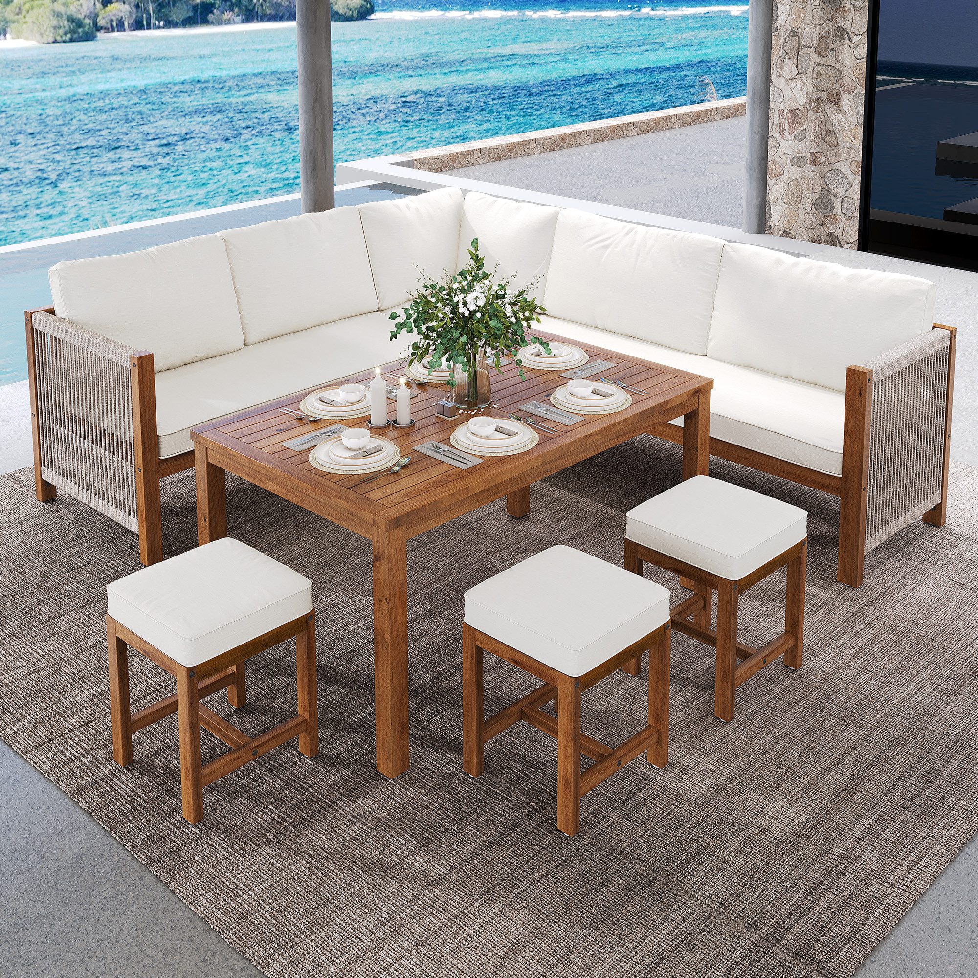 Flieks Gartenlounge-Set, 8-Sitzer Esstisch-Set Essgruppe Gartenmöbel aus Akazienholz und Seil