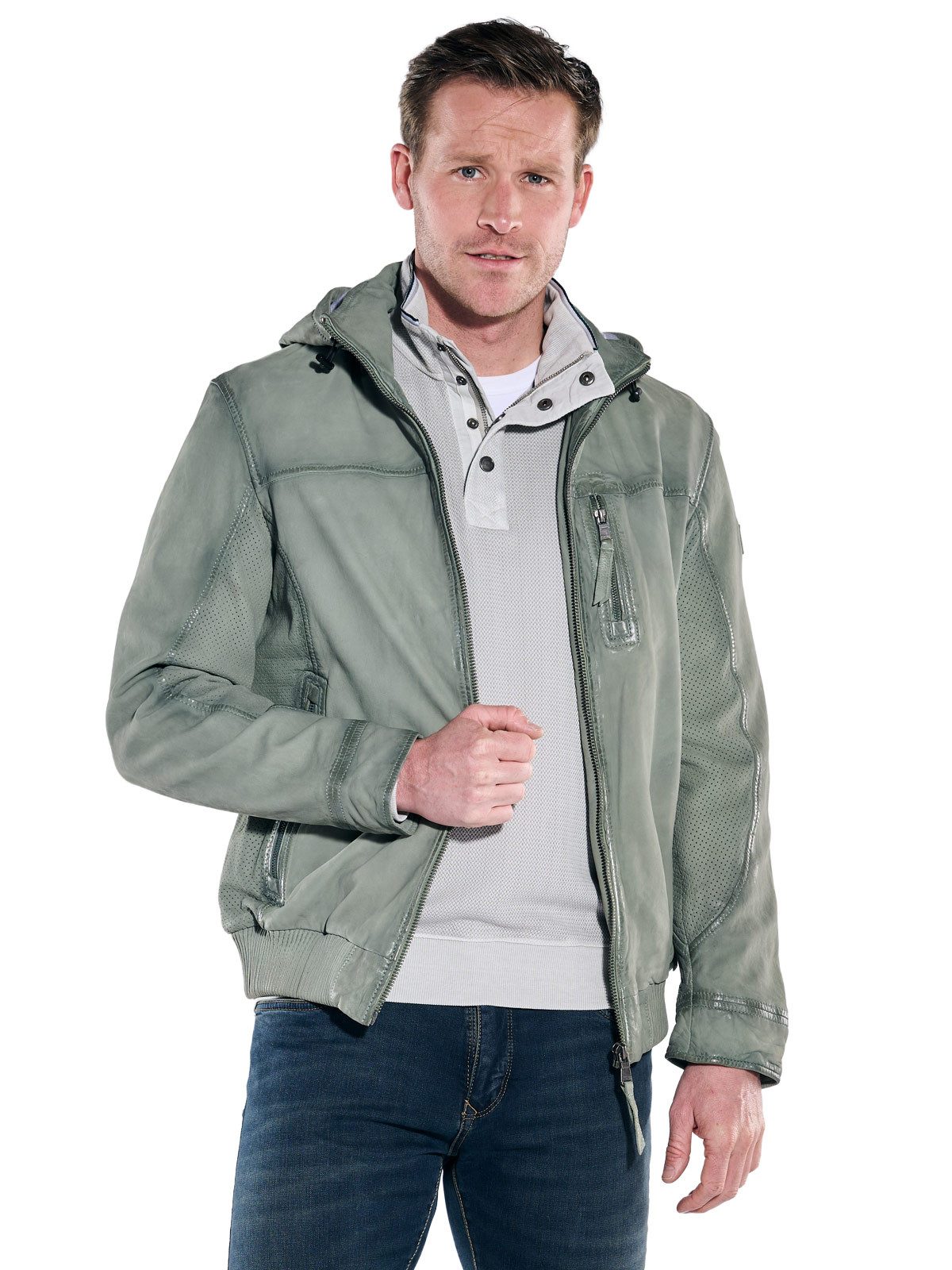 Engbers Lederjacke Herren Lederjacke mit abnehmbarer Kapuze, Hellgruen günstig online kaufen